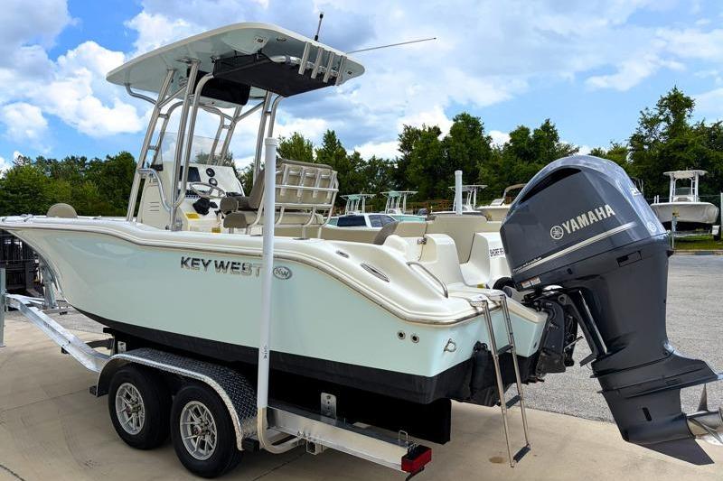 2024 Key West 239 FS boat on trailer with Yamaha outboard motor.