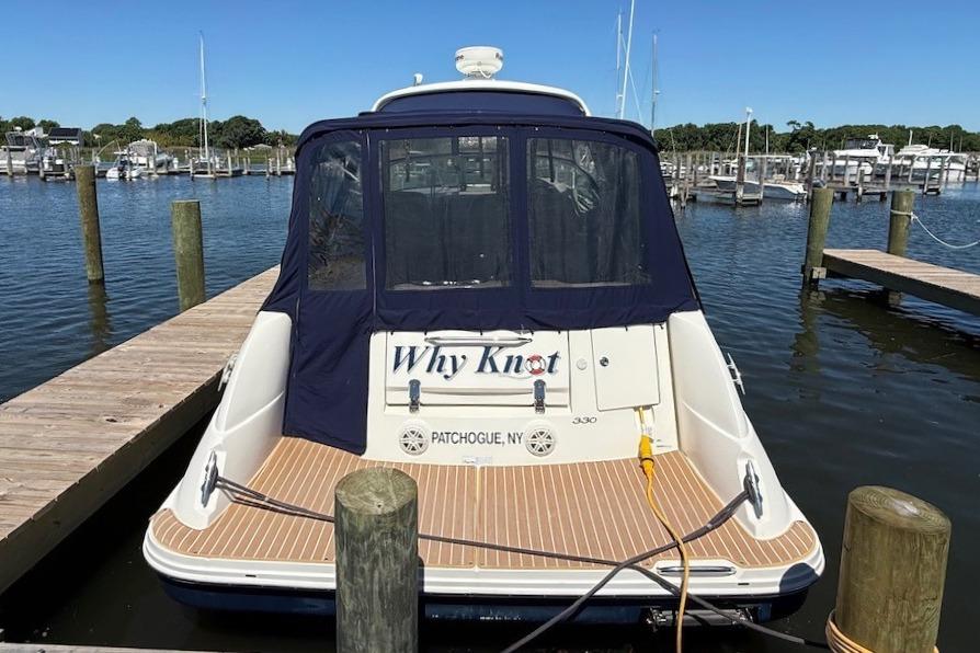 2008 Sea Ray Sundancer 330 docked, featuring "Why Knot" name, Patchogue, NY.