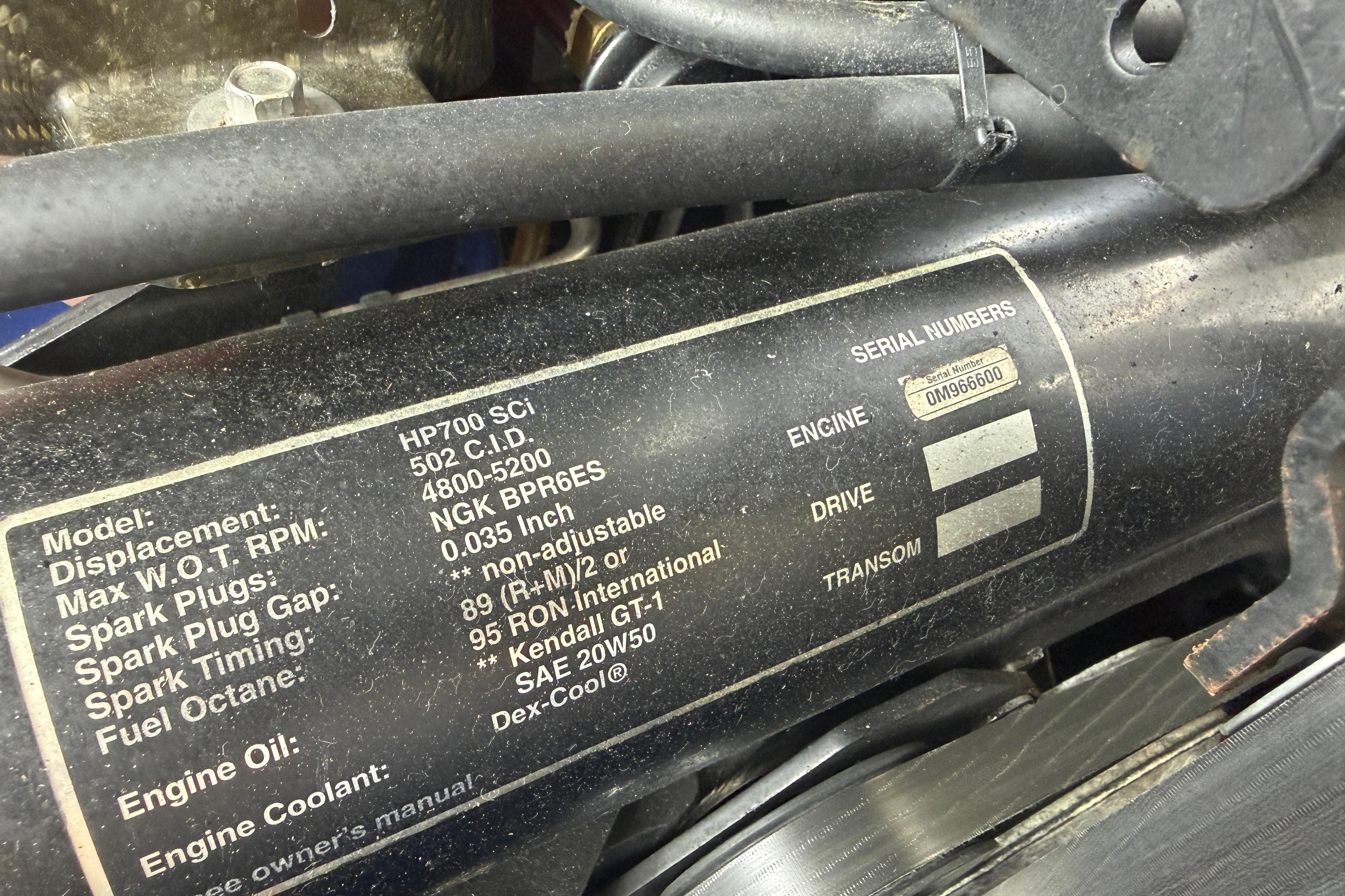 Engine specifications label on a 2013 Nor-Tech 477 SPX Vee Bottom boat.