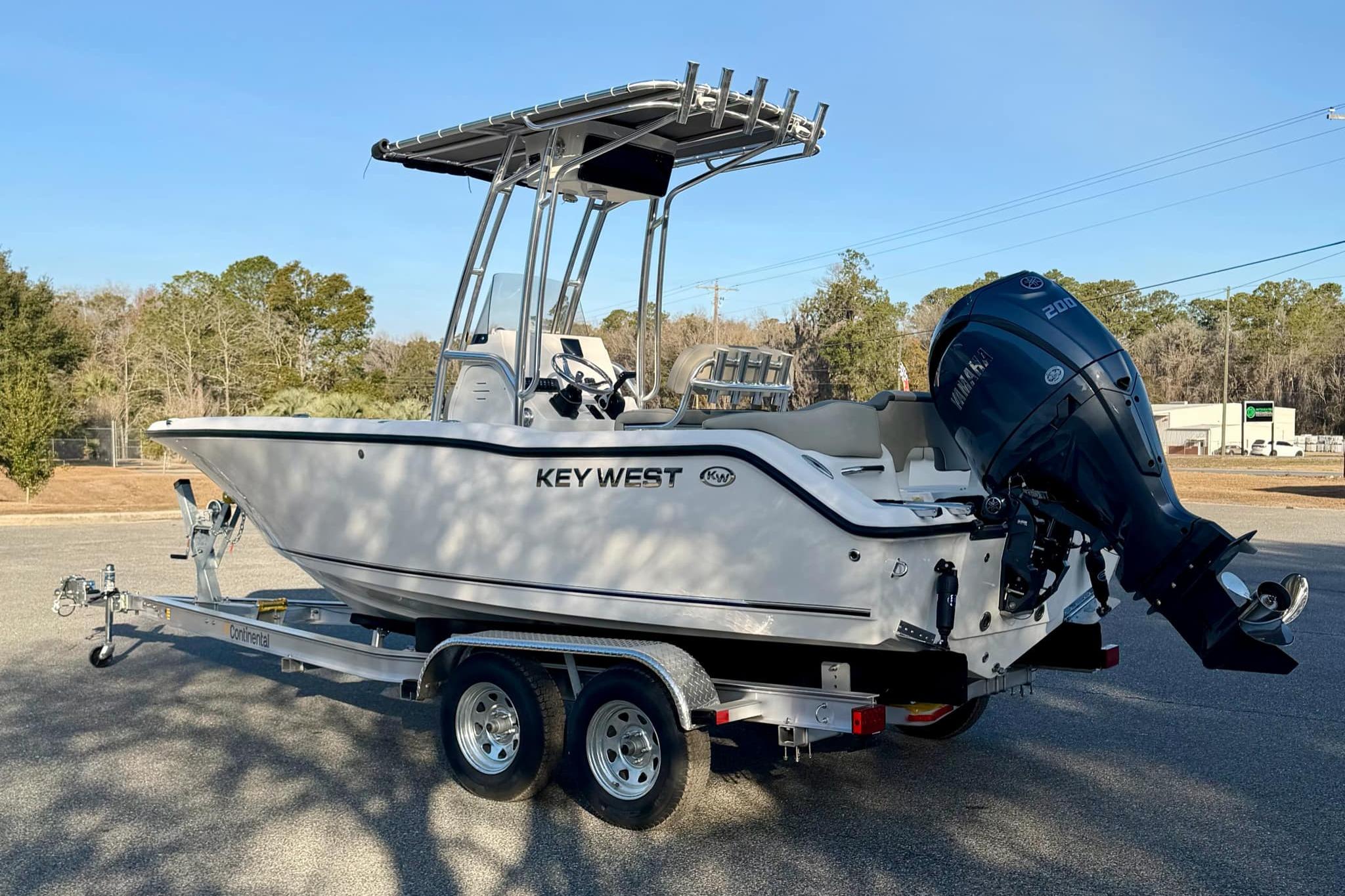 2026 Key West 203 FS boat on trailer with Yamaha outboard motor.