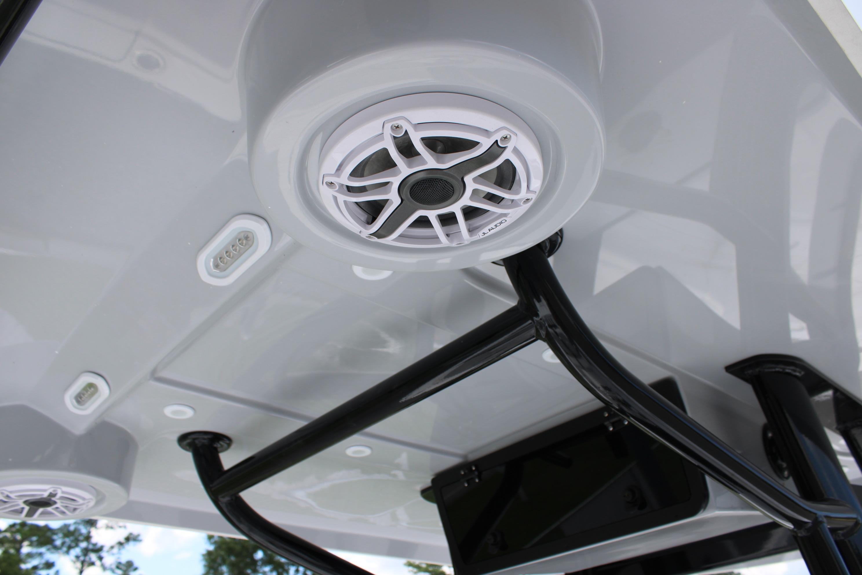 2027 Blazer Bay Makaira 2800 boat speaker and canopy detail.