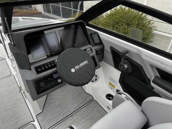 2025 Cobalt R4 boat dashboard with modern controls and dual screens.