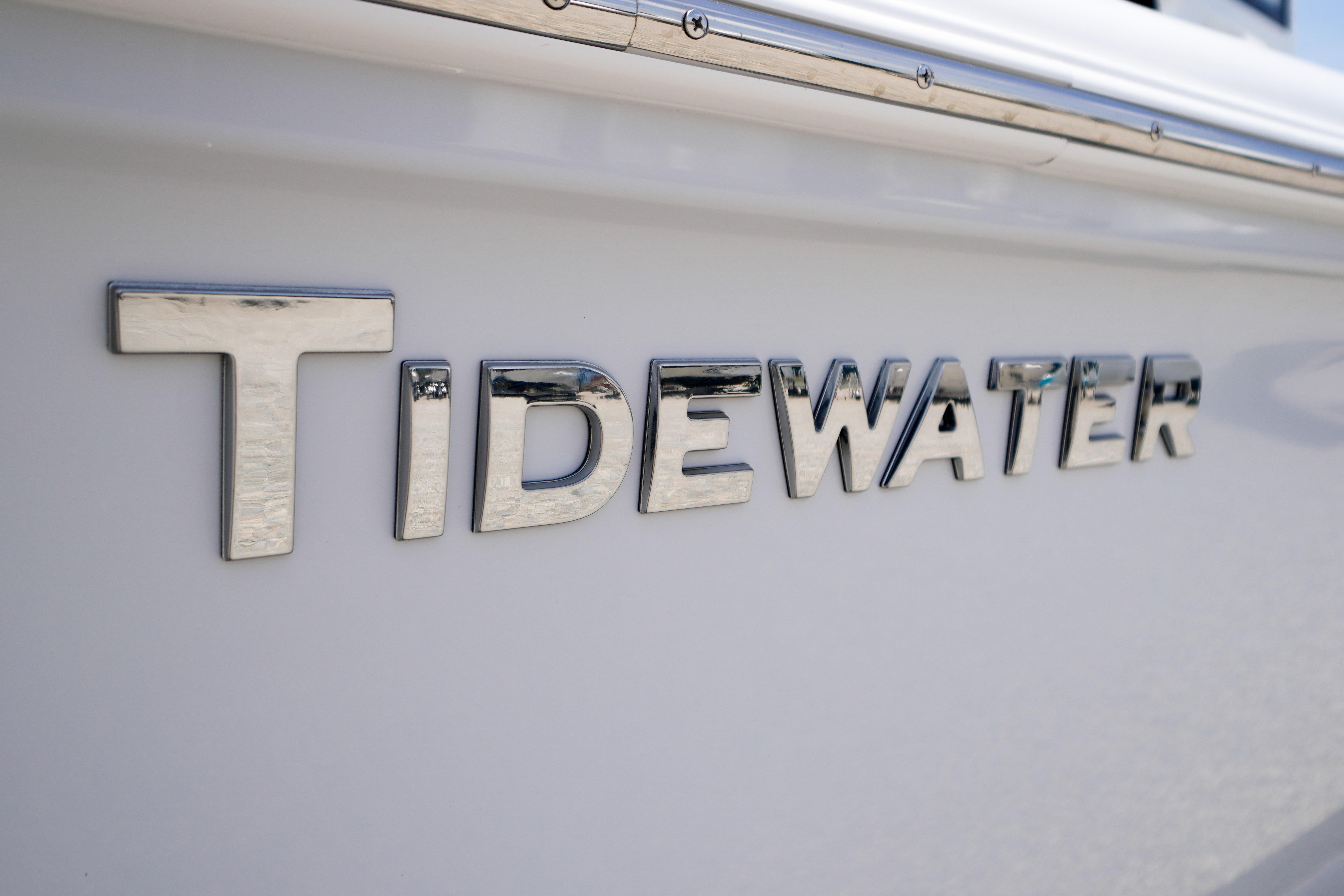 Chrome "Tidewater" logo on 2027 Tidewater 220 CC Adventure boat.