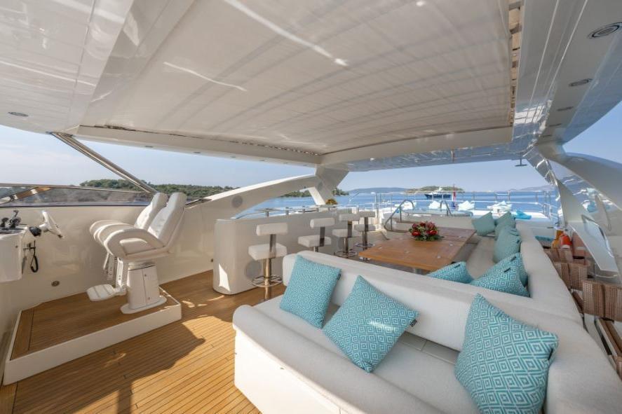 Luxurious Sunseeker 34 Metre Yacht 2009 with spacious deck, seating, and ocean view.
