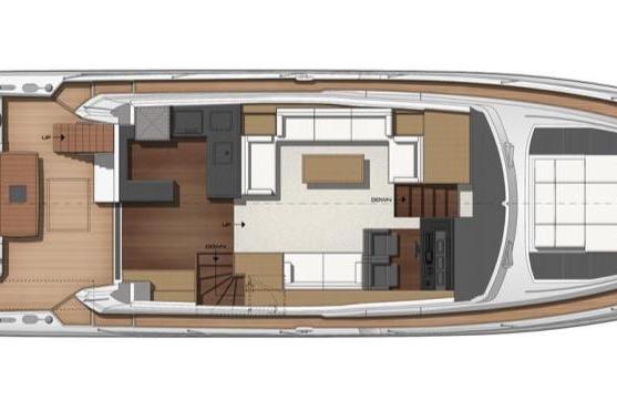 Floor plan of a 2019 Prestiage 630 yacht, showcasing interior layout and design.