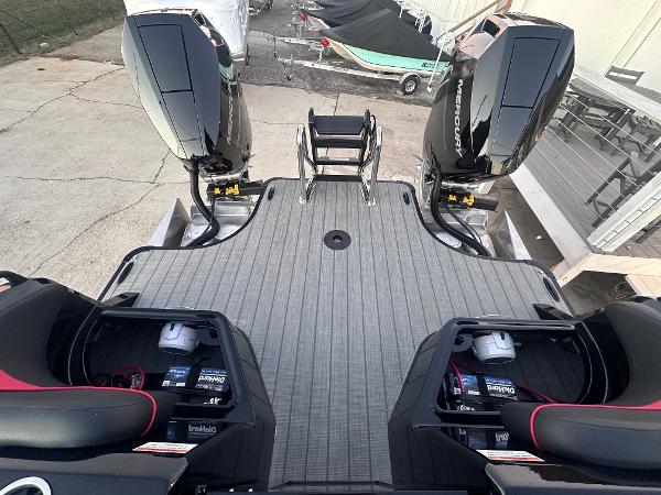 2025 Godfrey XP 2700 W boat with twin 400HP engines, rear deck view.