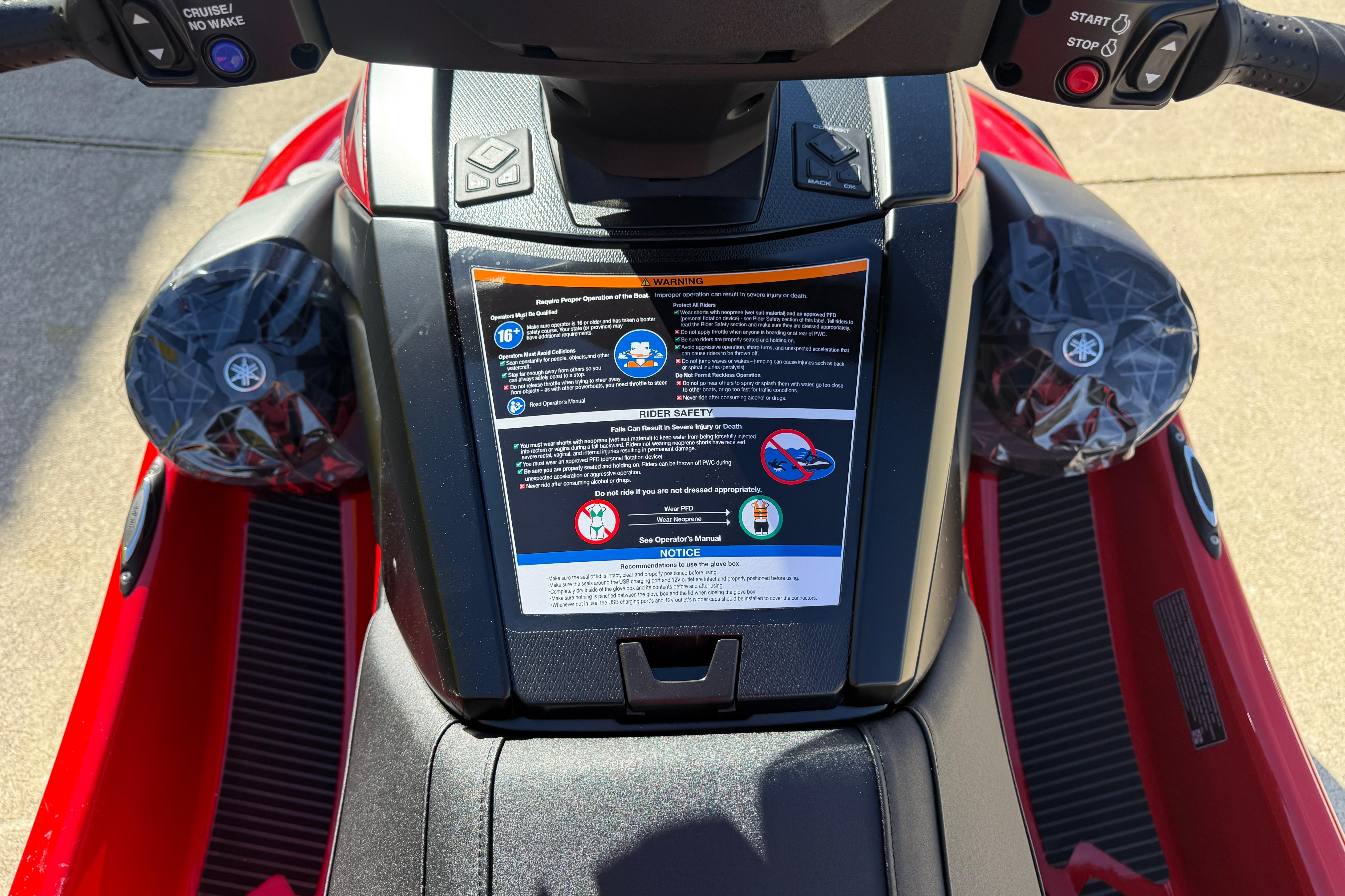 2026 Yamaha WaveRunner VX Cruiser dashboard with safety instructions and controls.