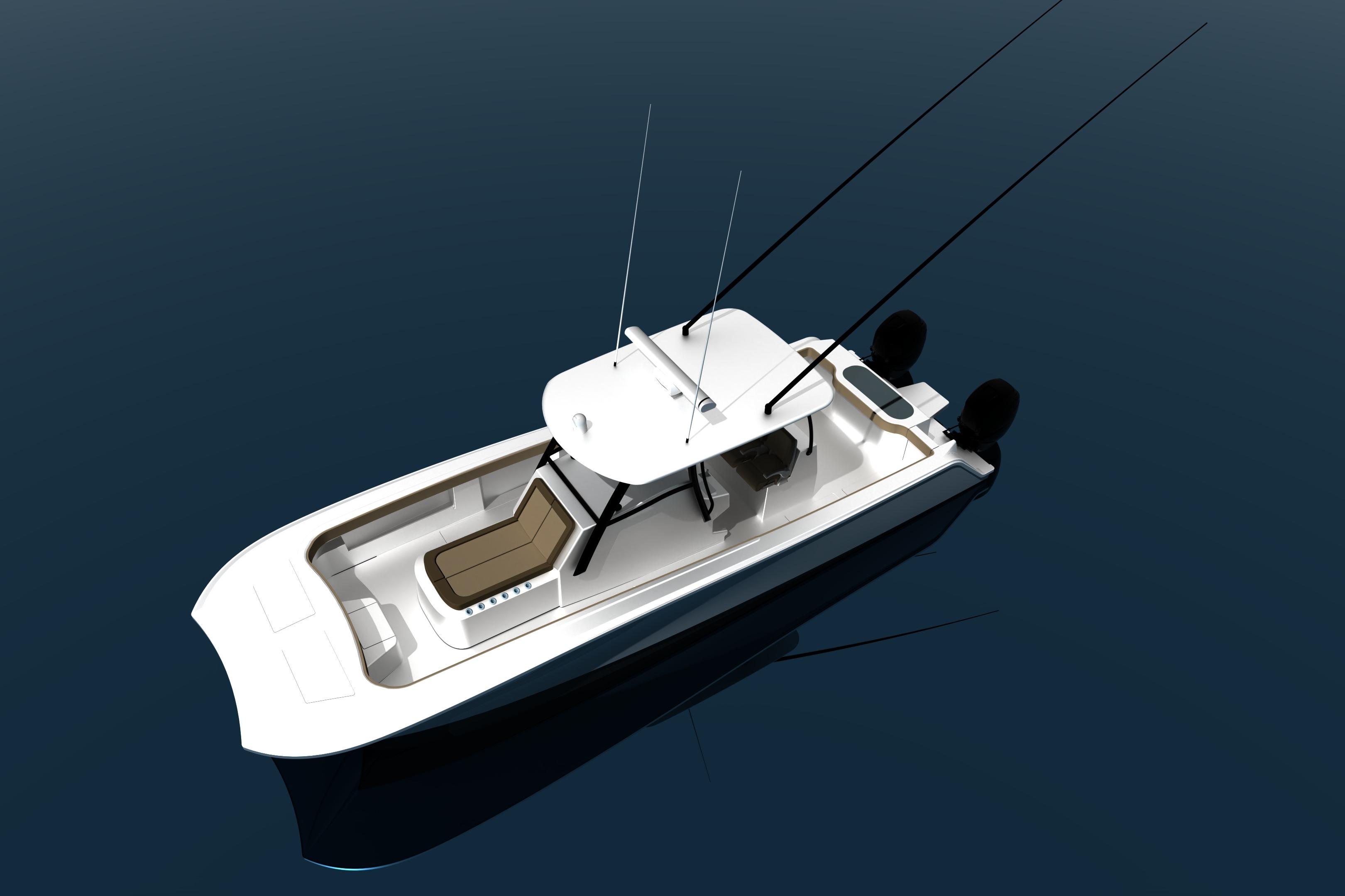 2026 Front Runner 34 Catamaran on calm water, aerial view.