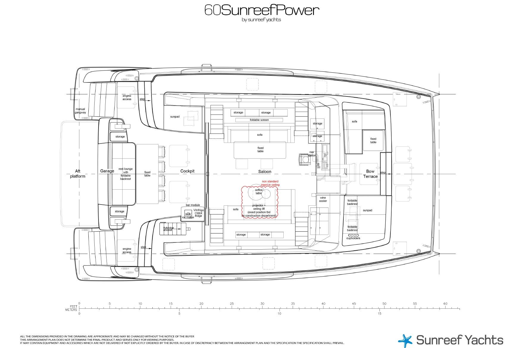 Floor plan of 2026 Sunreef 60 Power yacht, featuring cockpit, saloon, and bow terrace.