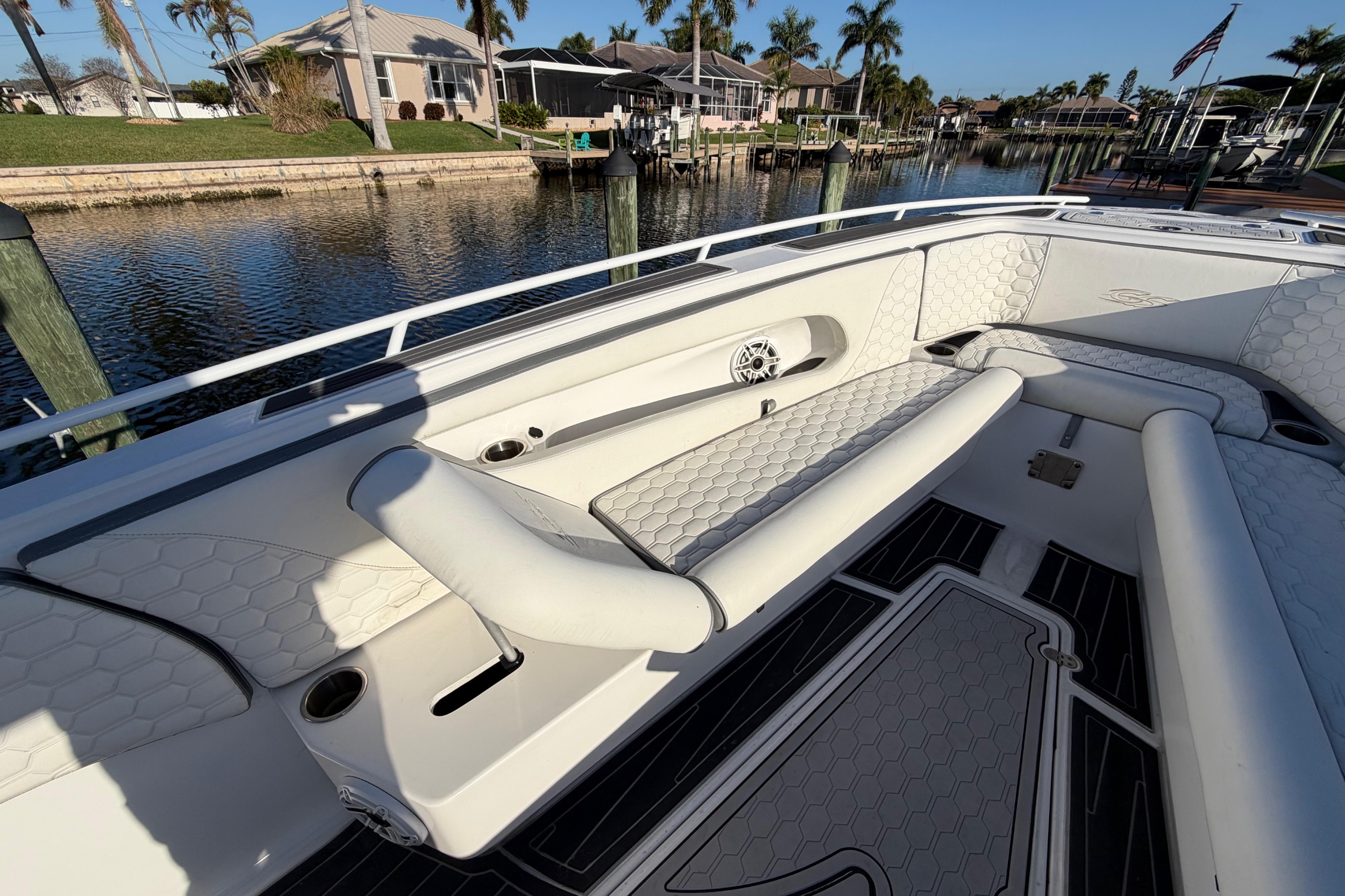 2022 Glasstream 328 Pro-XS boat interior with white seating and waterfront view.