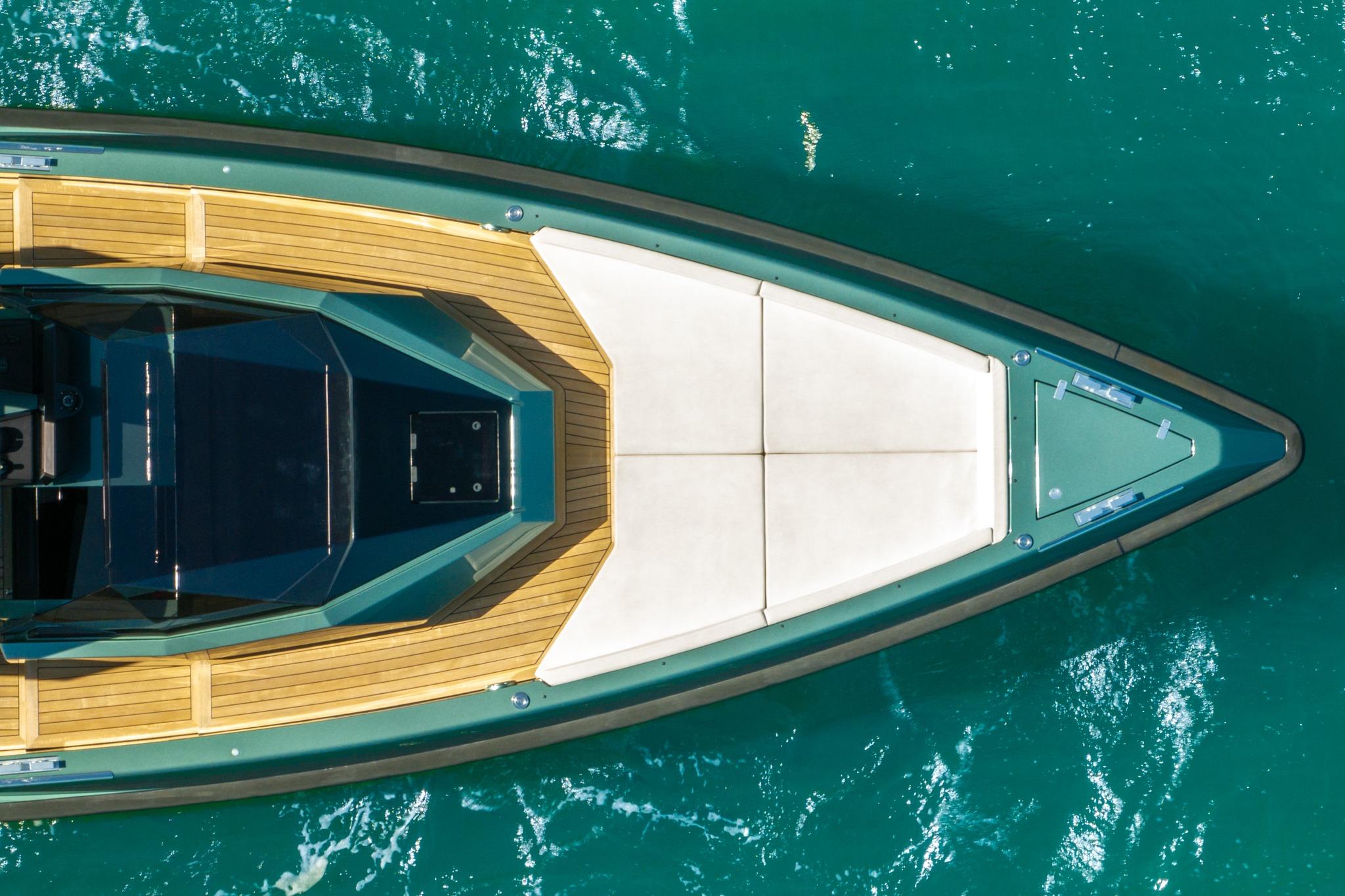 Top view of 2021 Wally 48 Wally Tender yacht on turquoise water.