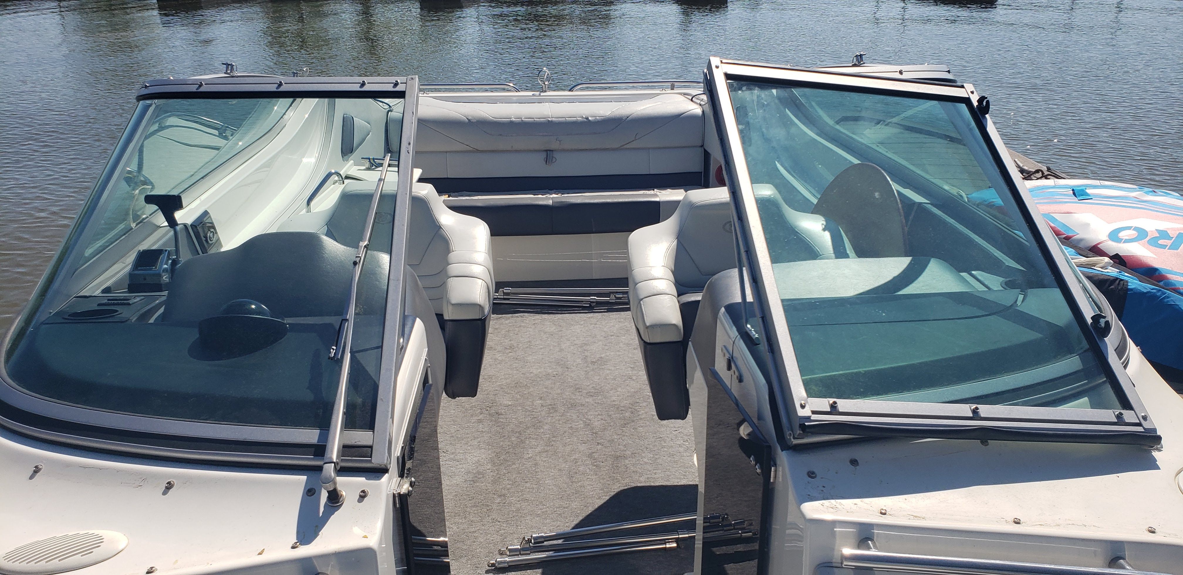 Interior view of a 1993 Cobalt 272 boat on the water.