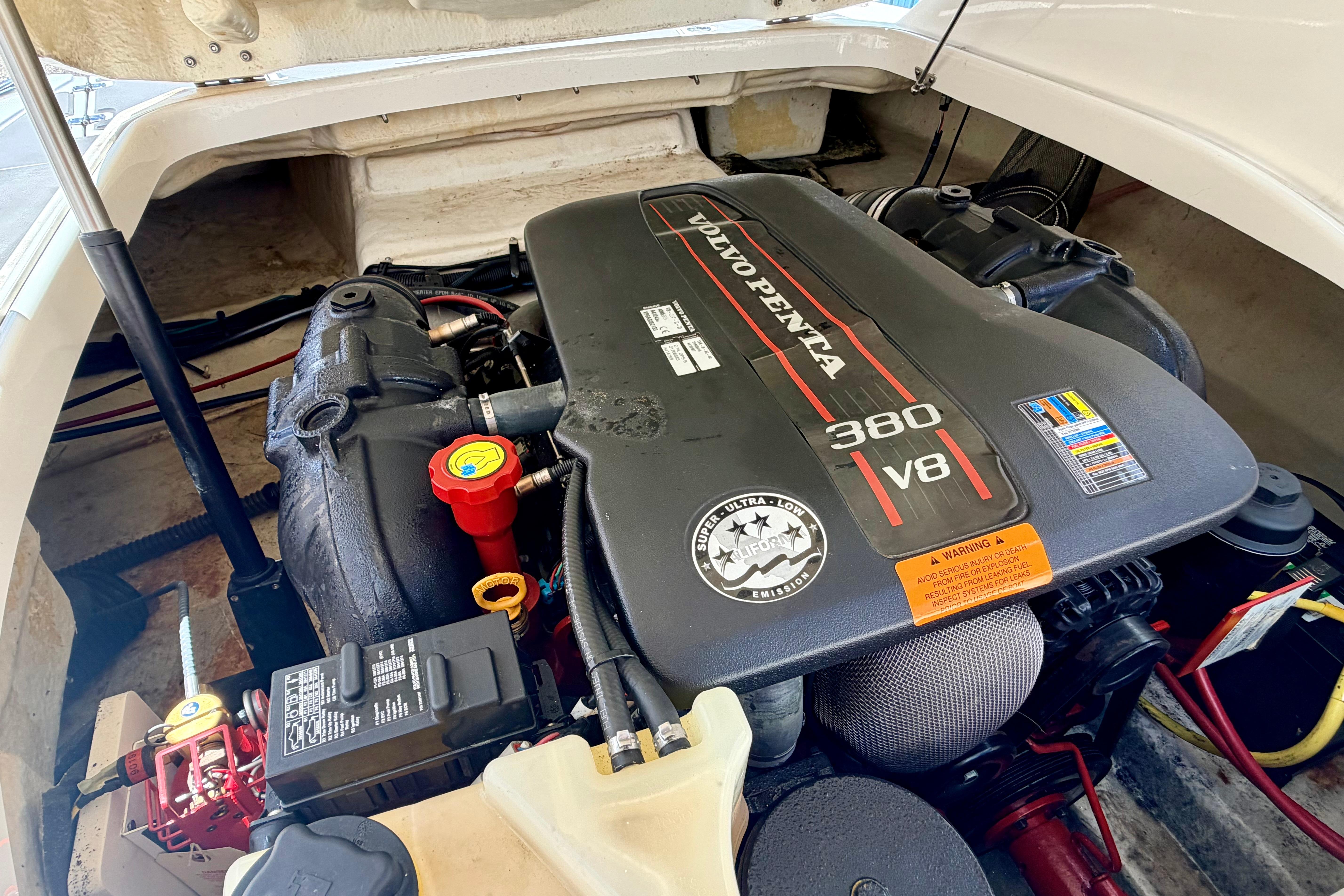 Volvo Penta 380 V8 engine in 2015 Chaparral Sunesta 264 boat, detailed view.