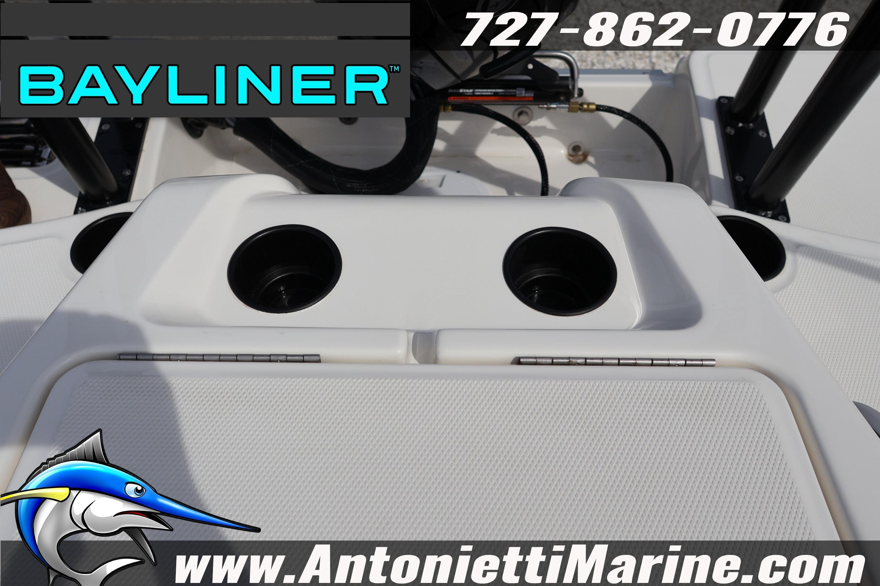 2026 Bayliner Element M17 boat dashboard with cup holders, Antonietti Marine branding.