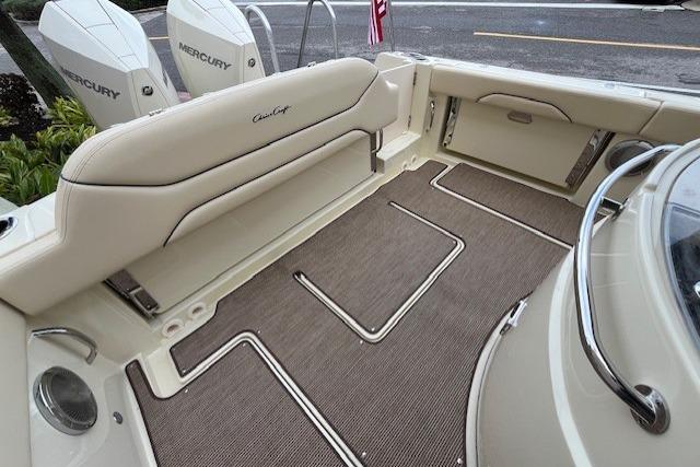2026 Chris-Craft Catalina 31 boat interior with Mercury engines, featuring elegant seating and flooring.