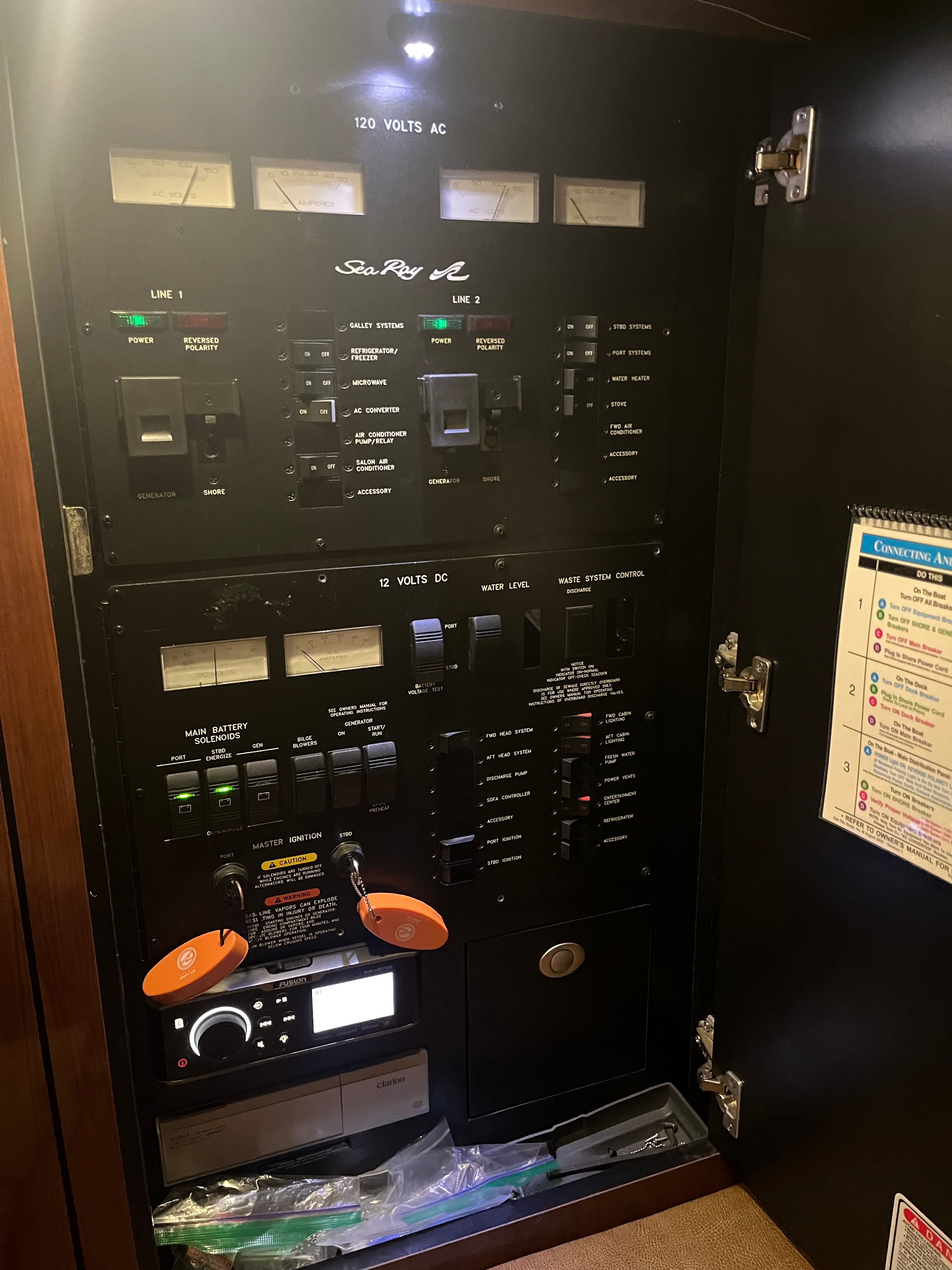 Electrical control panel of a 2005 Sea Ray Sundancer yacht.