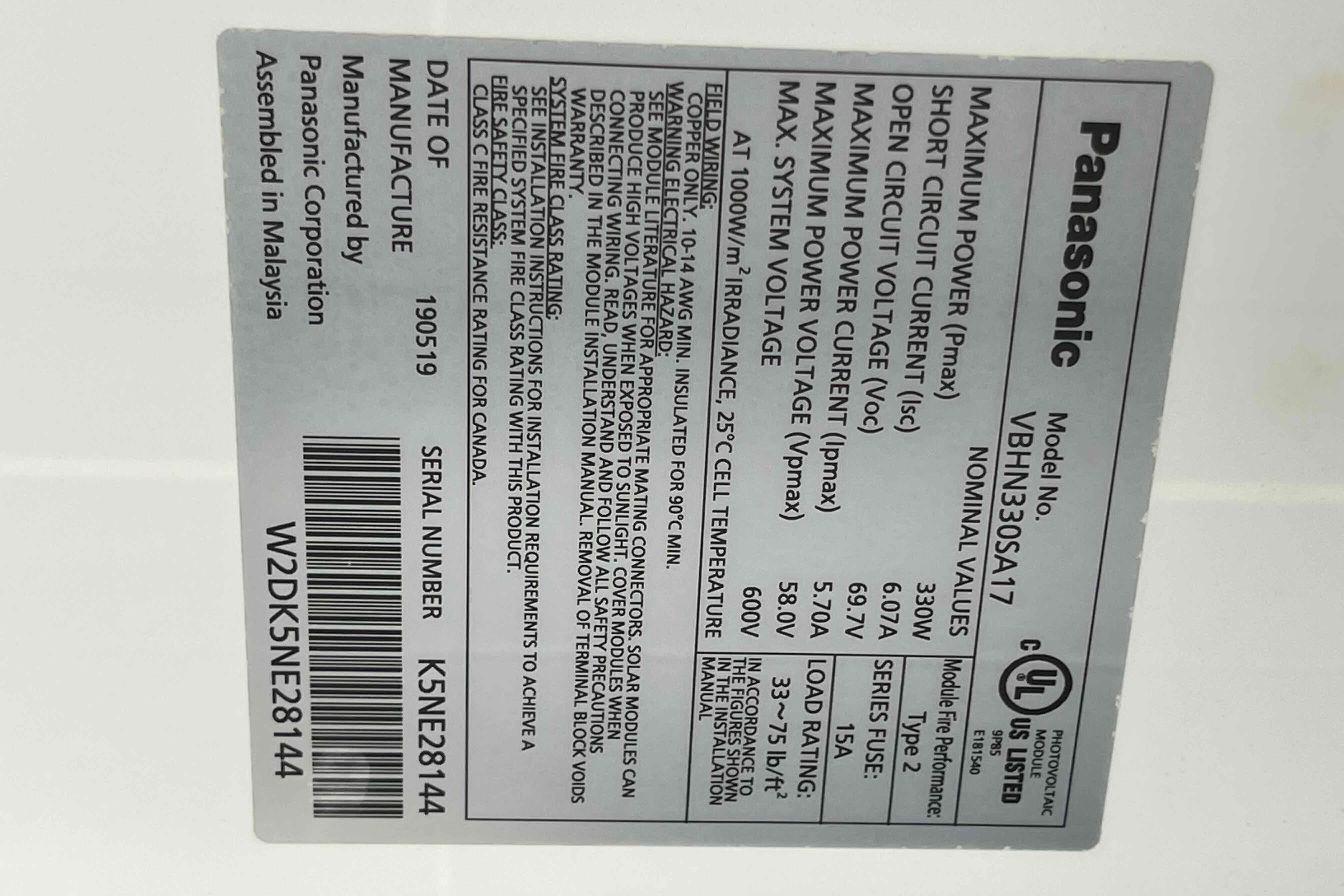 Panasonic solar module label, model VBHN330SA17, specifications and manufacturing details.