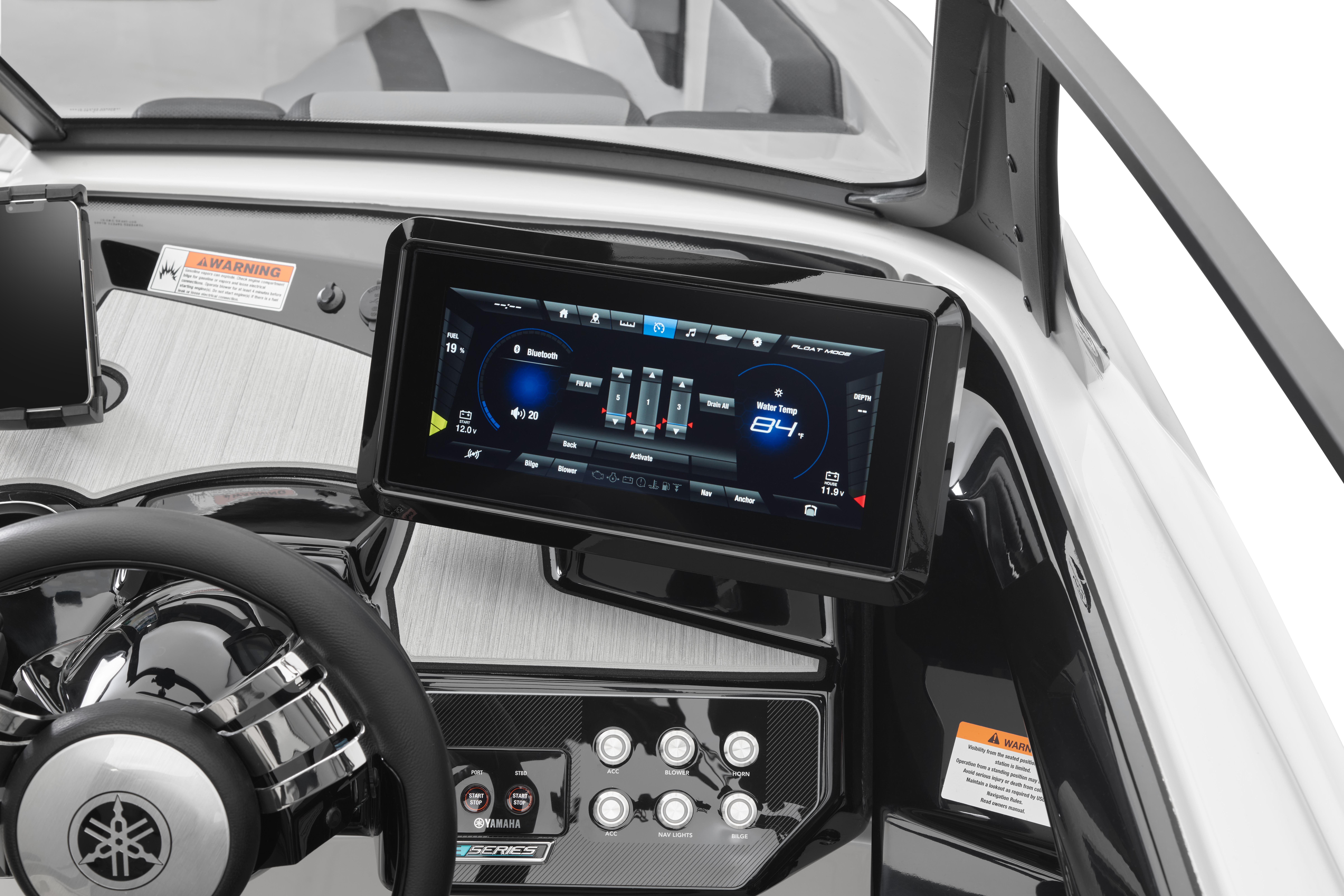 2026 Yamaha Boats 222XD dashboard with advanced touchscreen display and steering wheel.