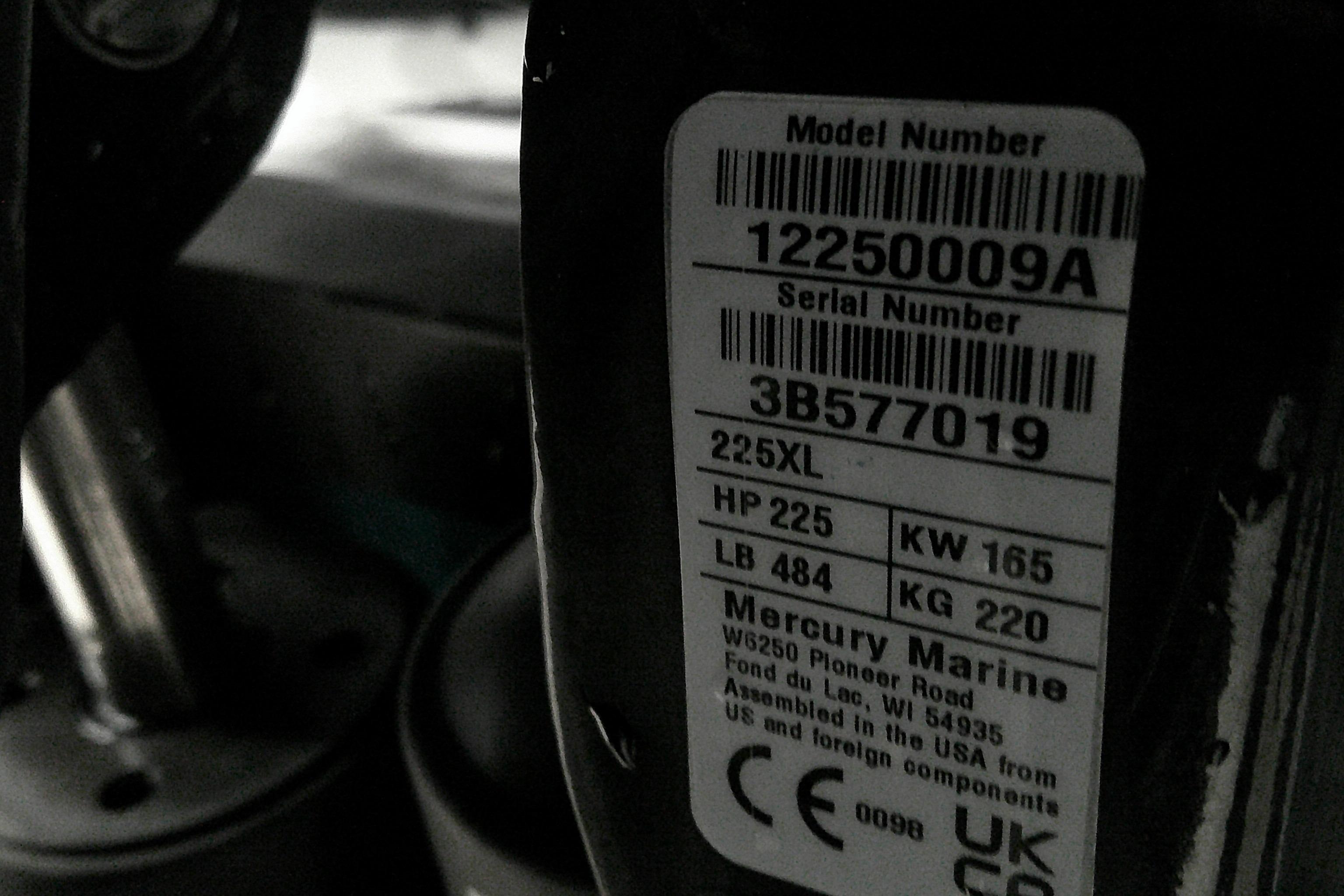 Label on Mercury Marine engine, model 225XL, with specifications and serial number.