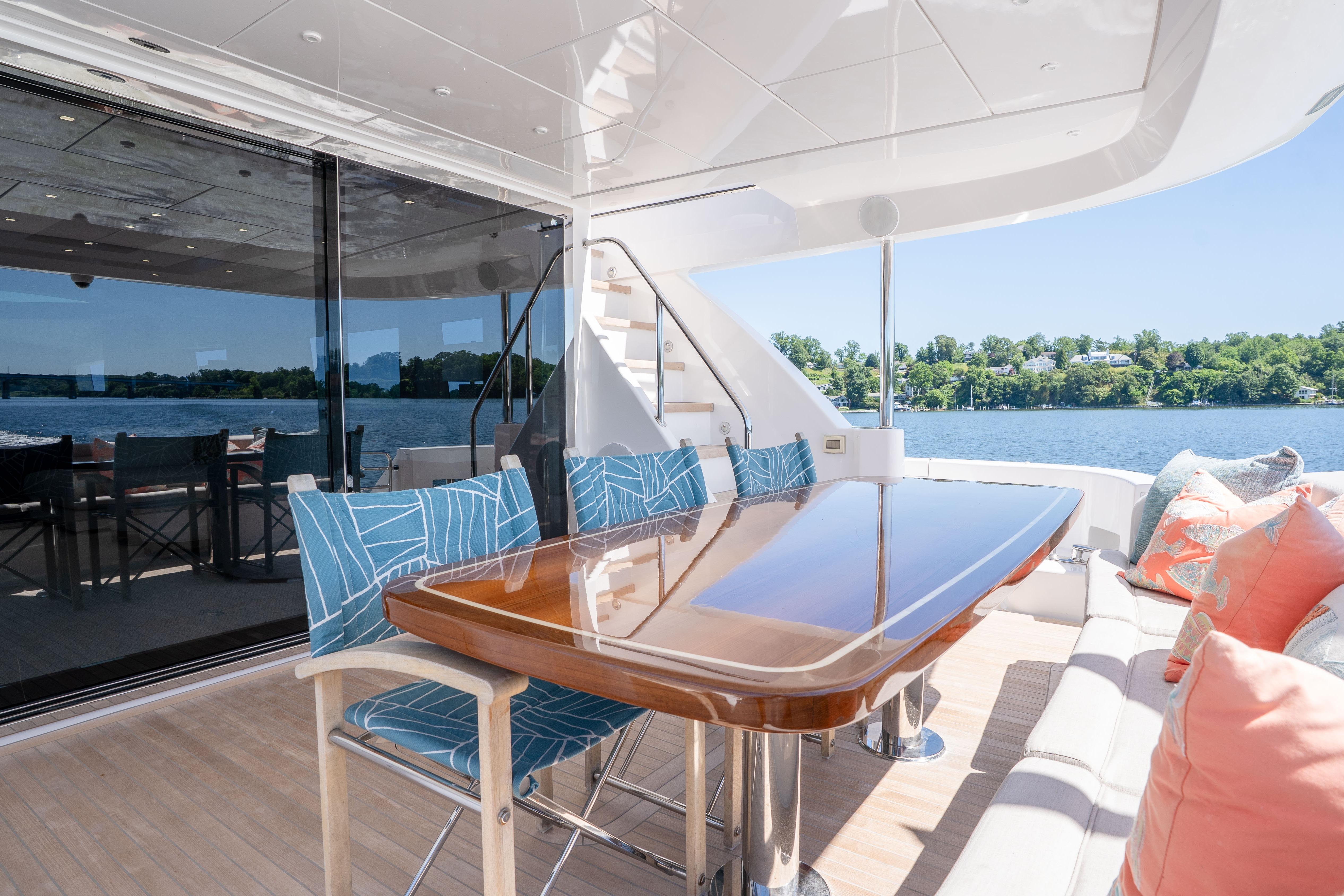 Luxurious 2021 Hatteras M75 Panacera yacht deck with elegant dining area and scenic water view.