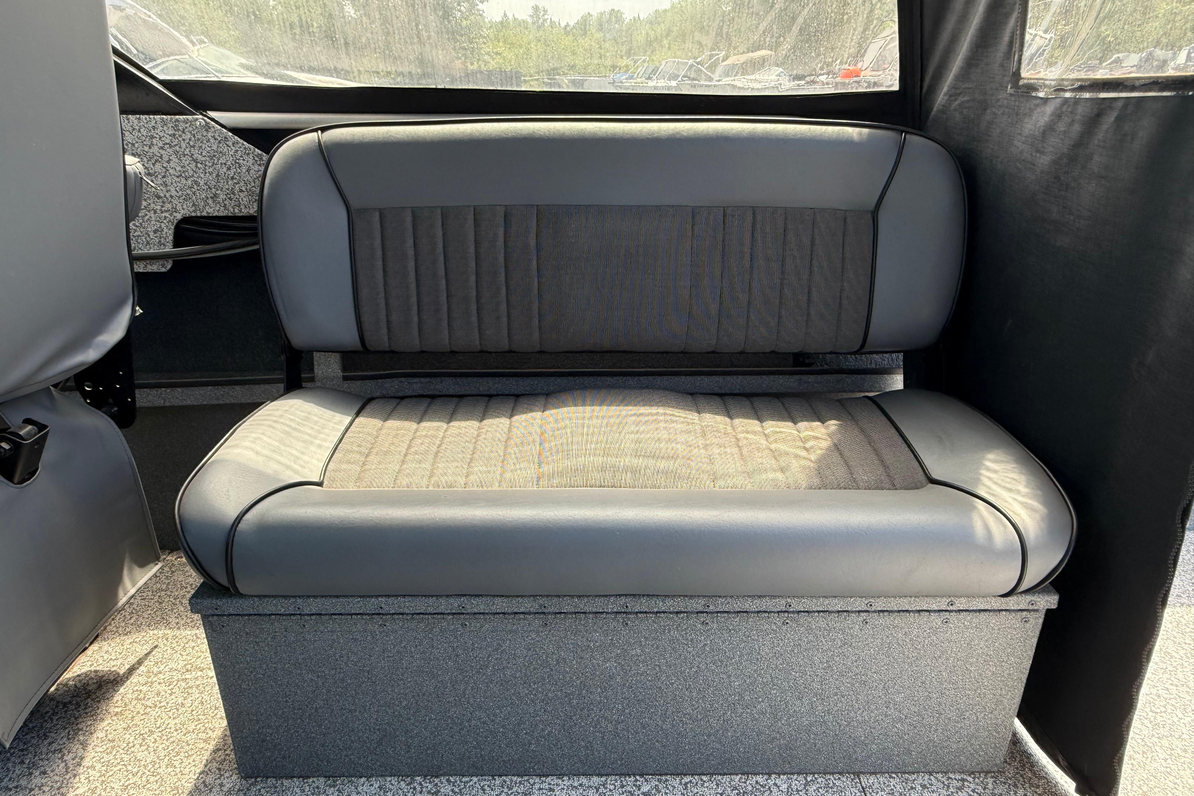2019 Alumaweld Intruder Hard Top 22' interior seat, gray upholstery, spacious design.