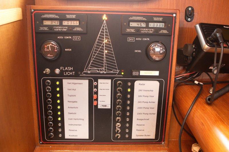 Control panel of a 1990 Koopmans 50 sailboat, featuring various switches and indicators.