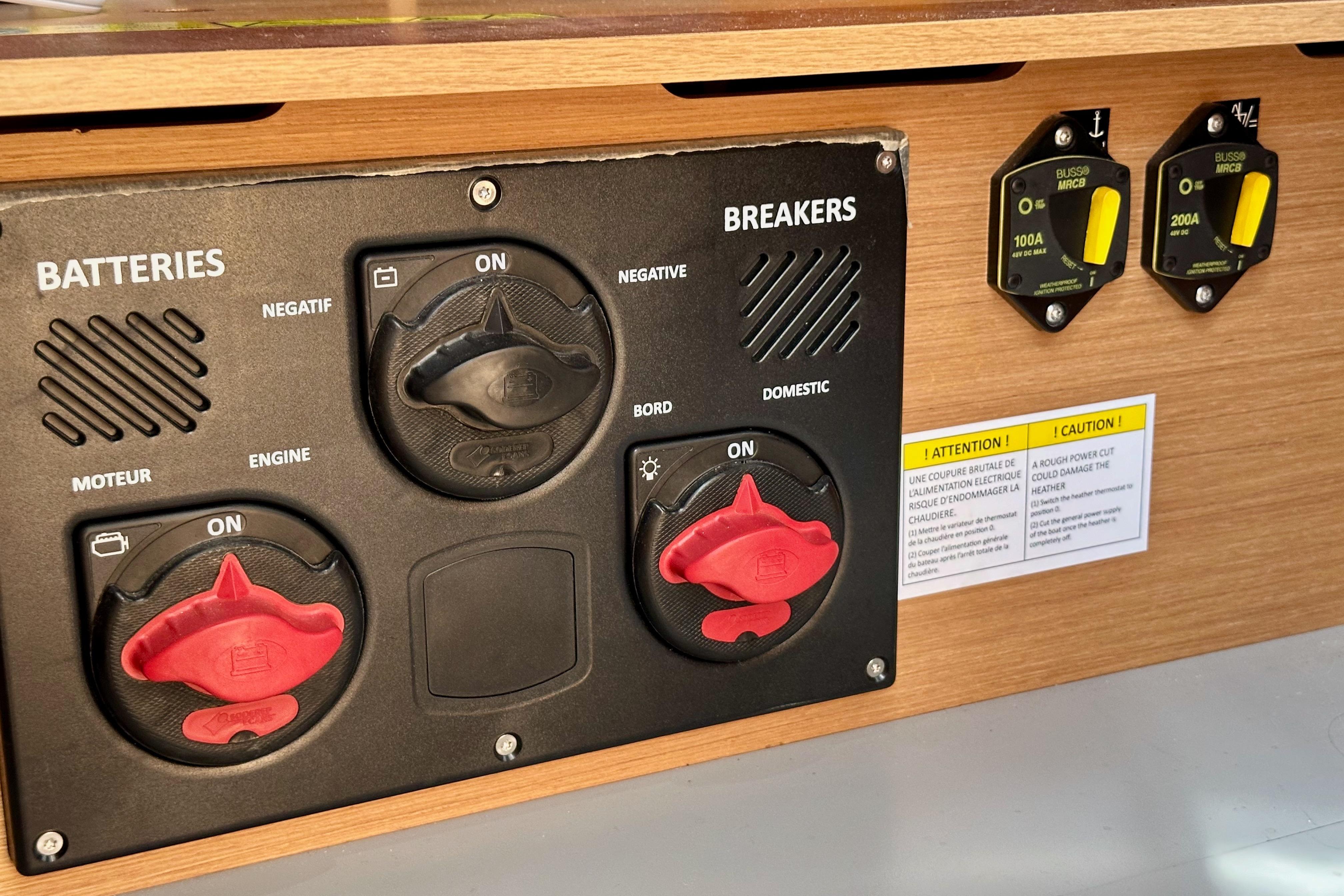 Battery and breaker panel on 2024 Jeanneau Sun Odyssey 410 sailboat.
