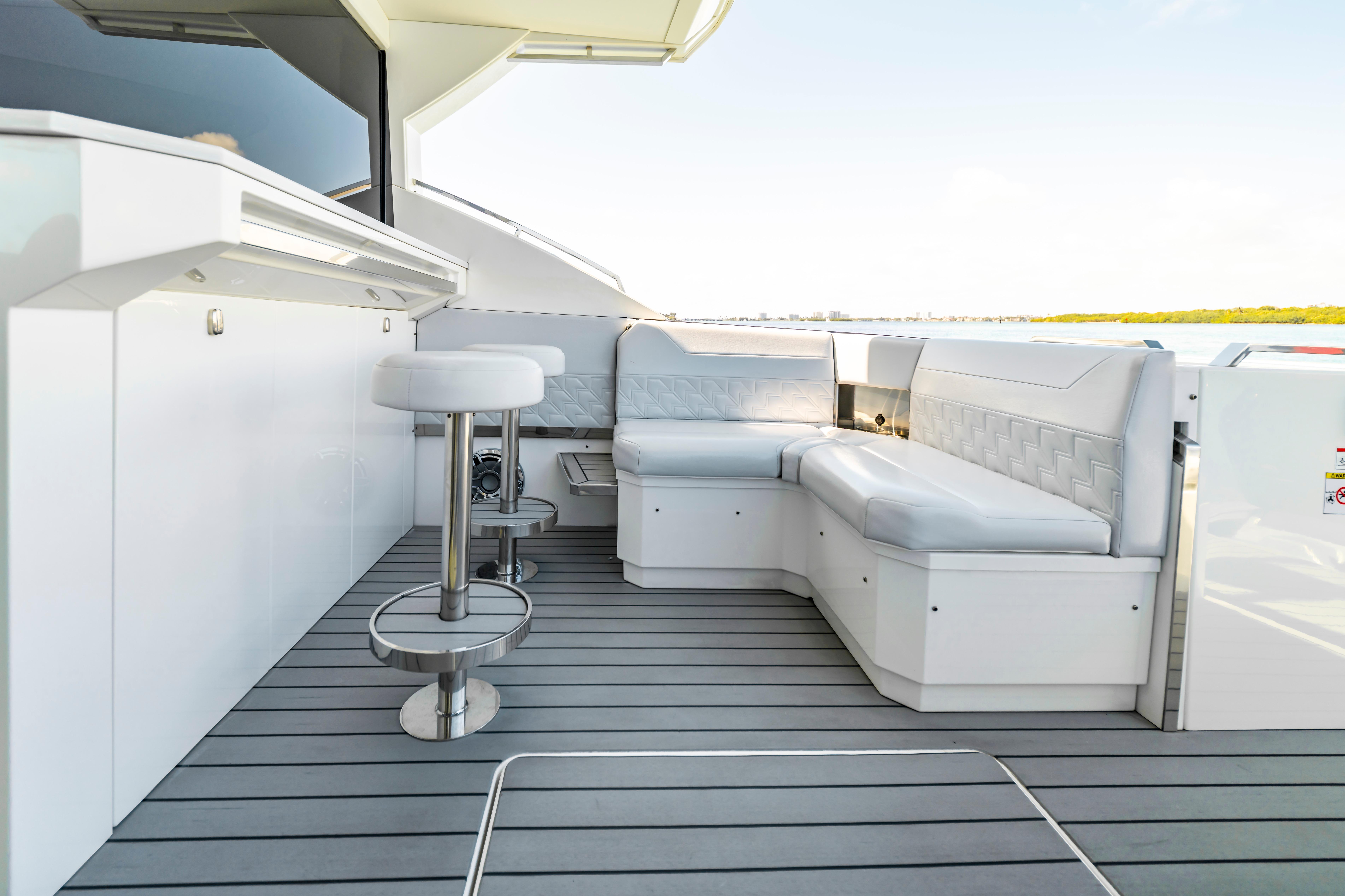 Luxurious seating area on 2022 Formula 500 Super Sport Crossover yacht deck.