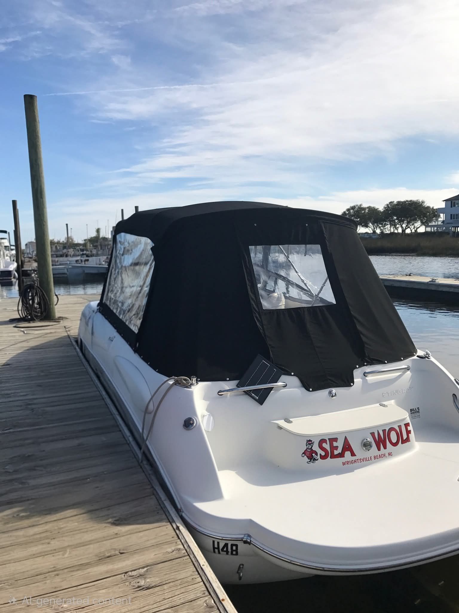 A 2006 Stingray 250 CR boat docked with a black cover. It's named 'Sea Wolf'.