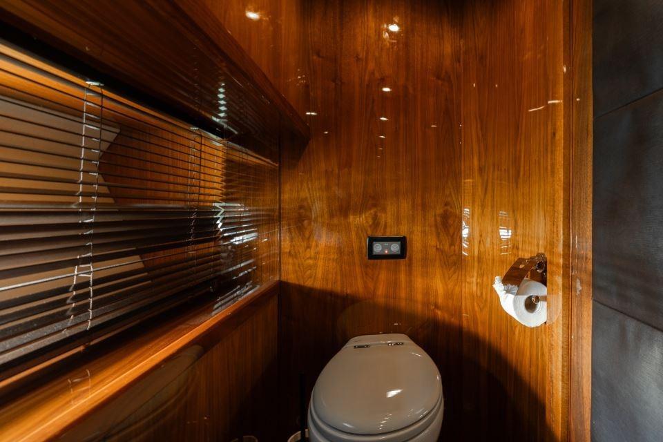 Luxurious wooden bathroom interior on 2009 Sunseeker 34 Metre Yacht.