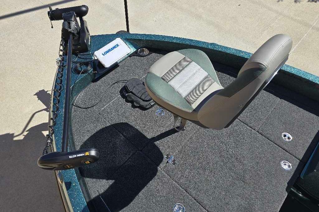 2026 Ranger 212LS boat deck with seat, trolling motor, and Lowrance fish finder.