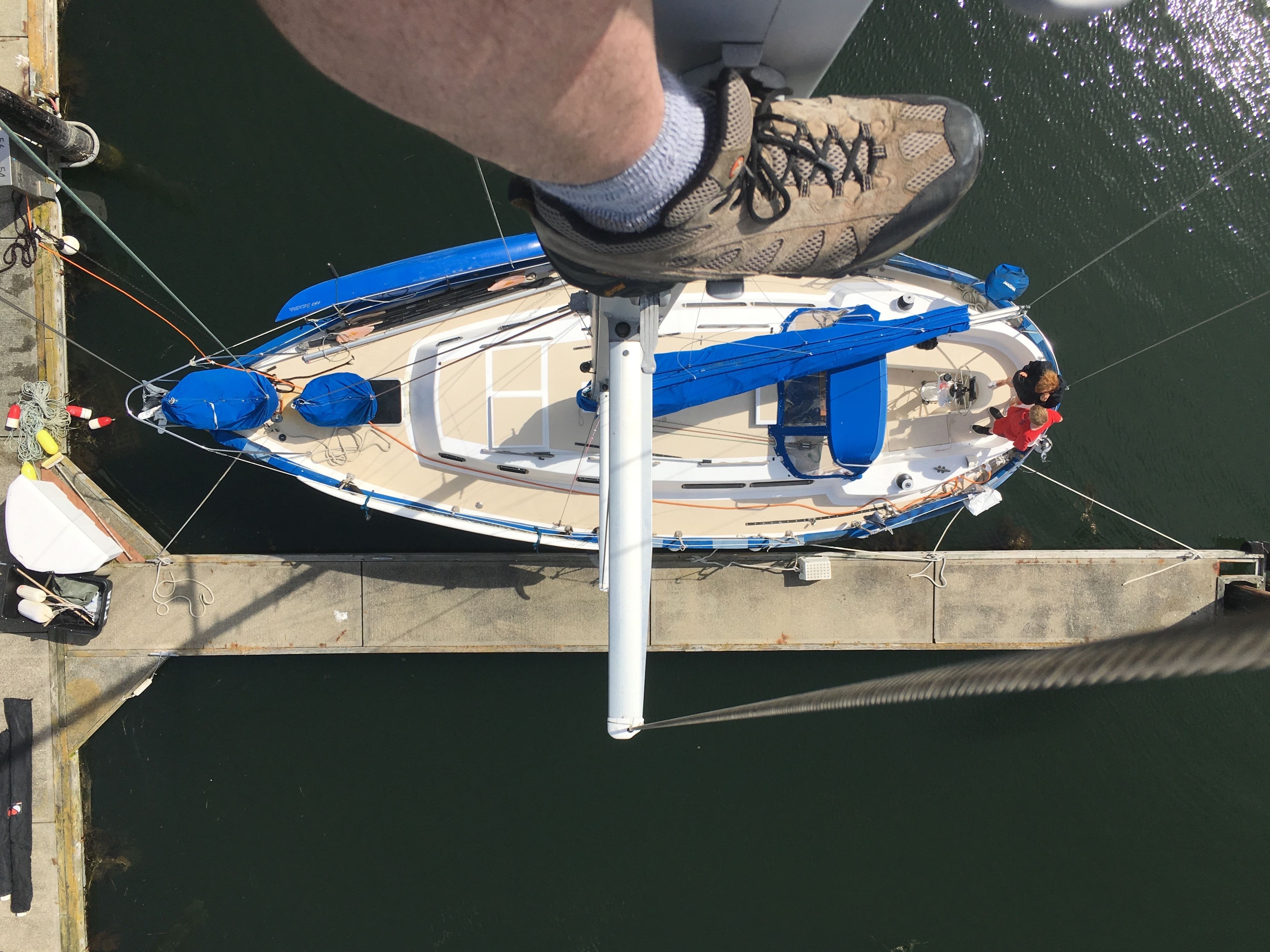Top view of a sailboat in harbor, Custom 341, year 1994.