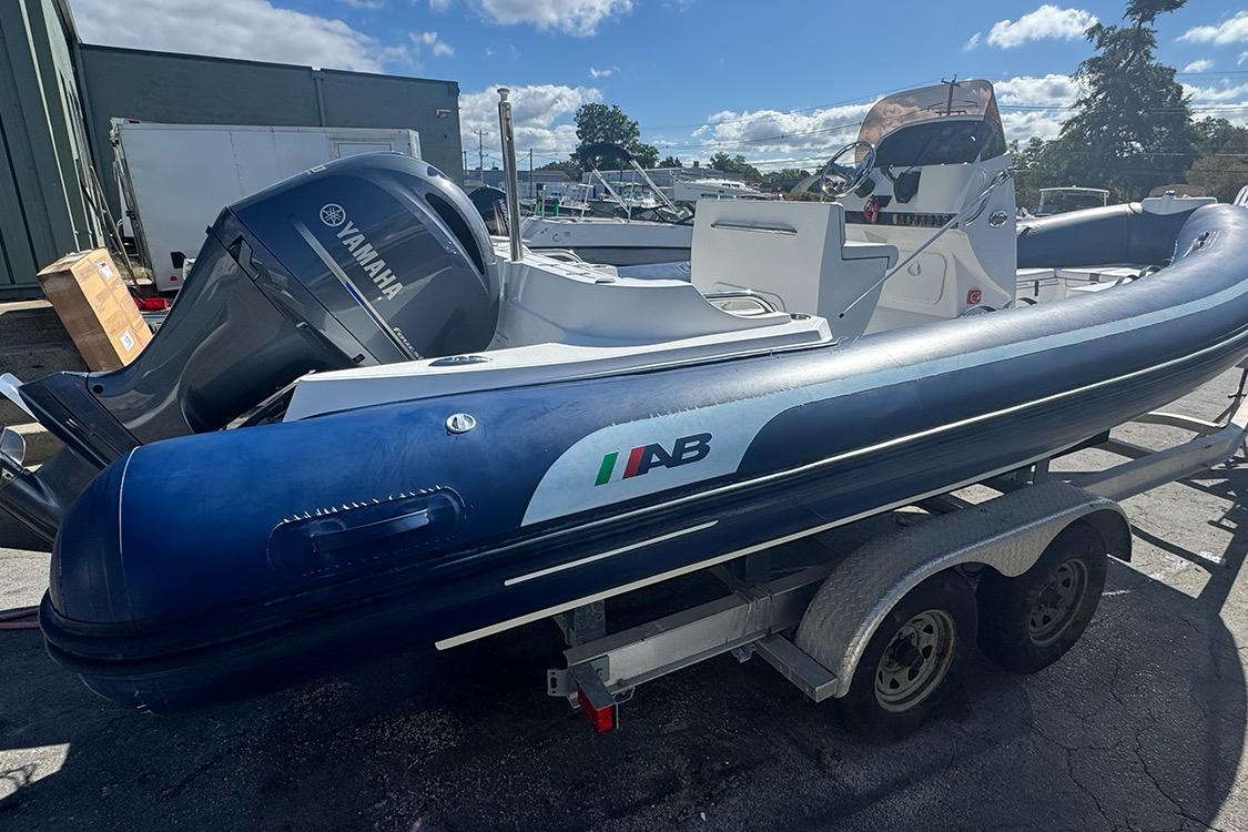 2020 AB Inflatables Oceanus 21 VST boat with Yamaha engine on trailer.