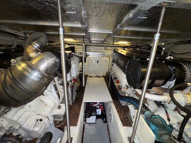 Engine room of 2002 Carver 570 Voyager Pilothouse yacht.