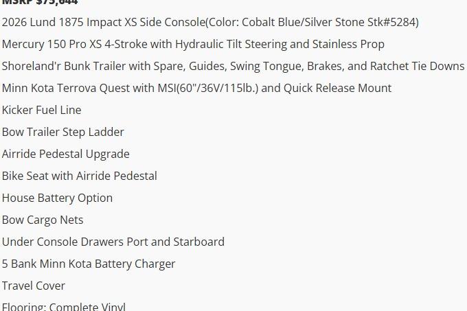 2026 Lund 1875 Impact XS SS boat features and specifications list.