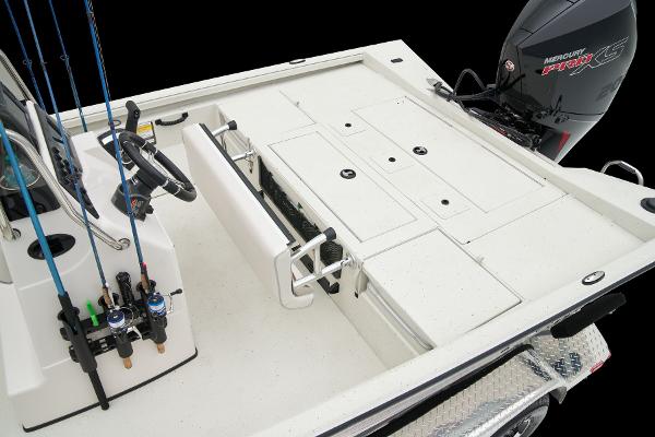 Manufacturer Provided Image: Manufacturer Provided Image: 2025 Ranger RB210 boat deck with fishing rods, steering wheel, and storage compartments.