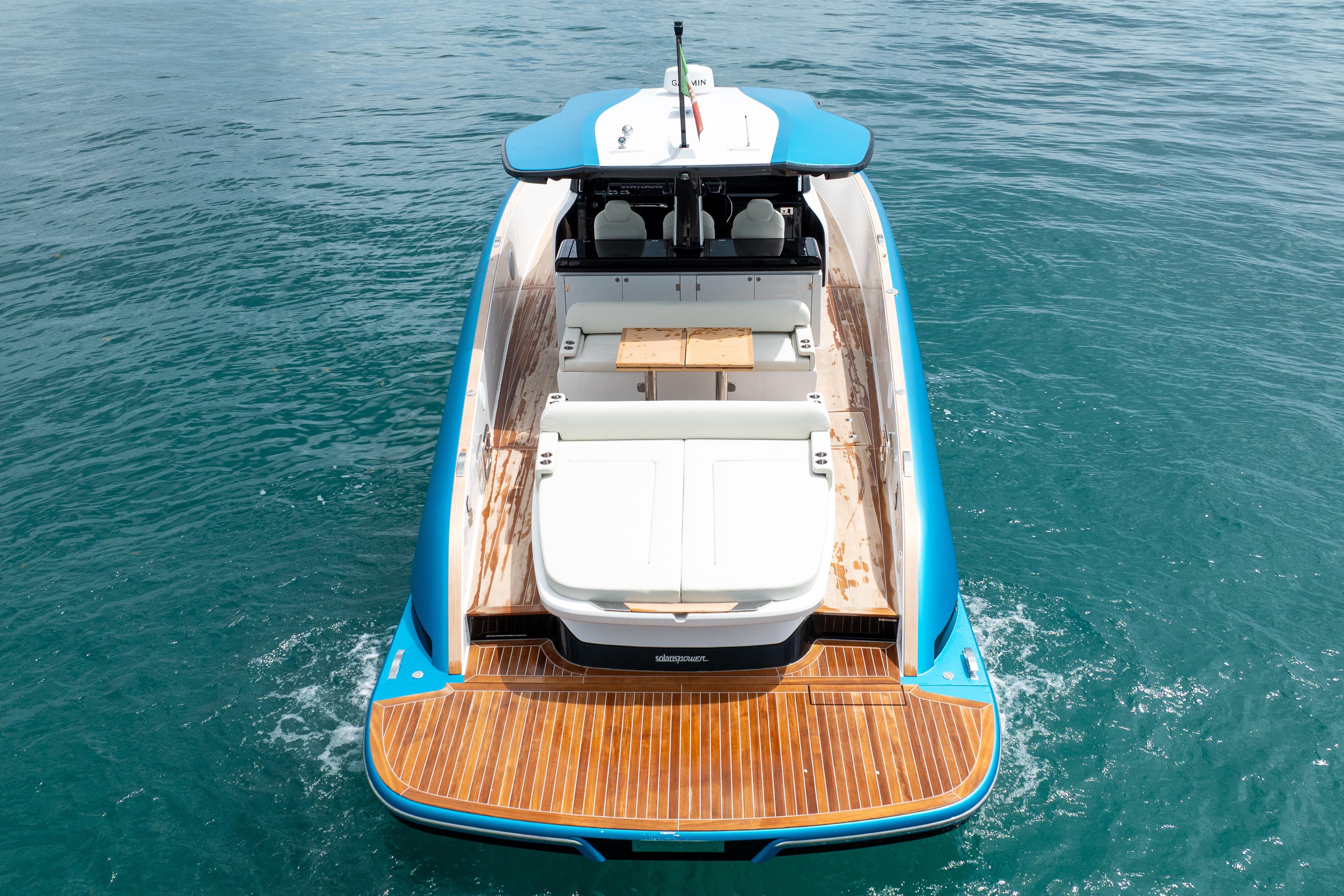 2026 Solaris Power 44 Sport Turismo yacht on open water, showcasing sleek design and spacious deck.