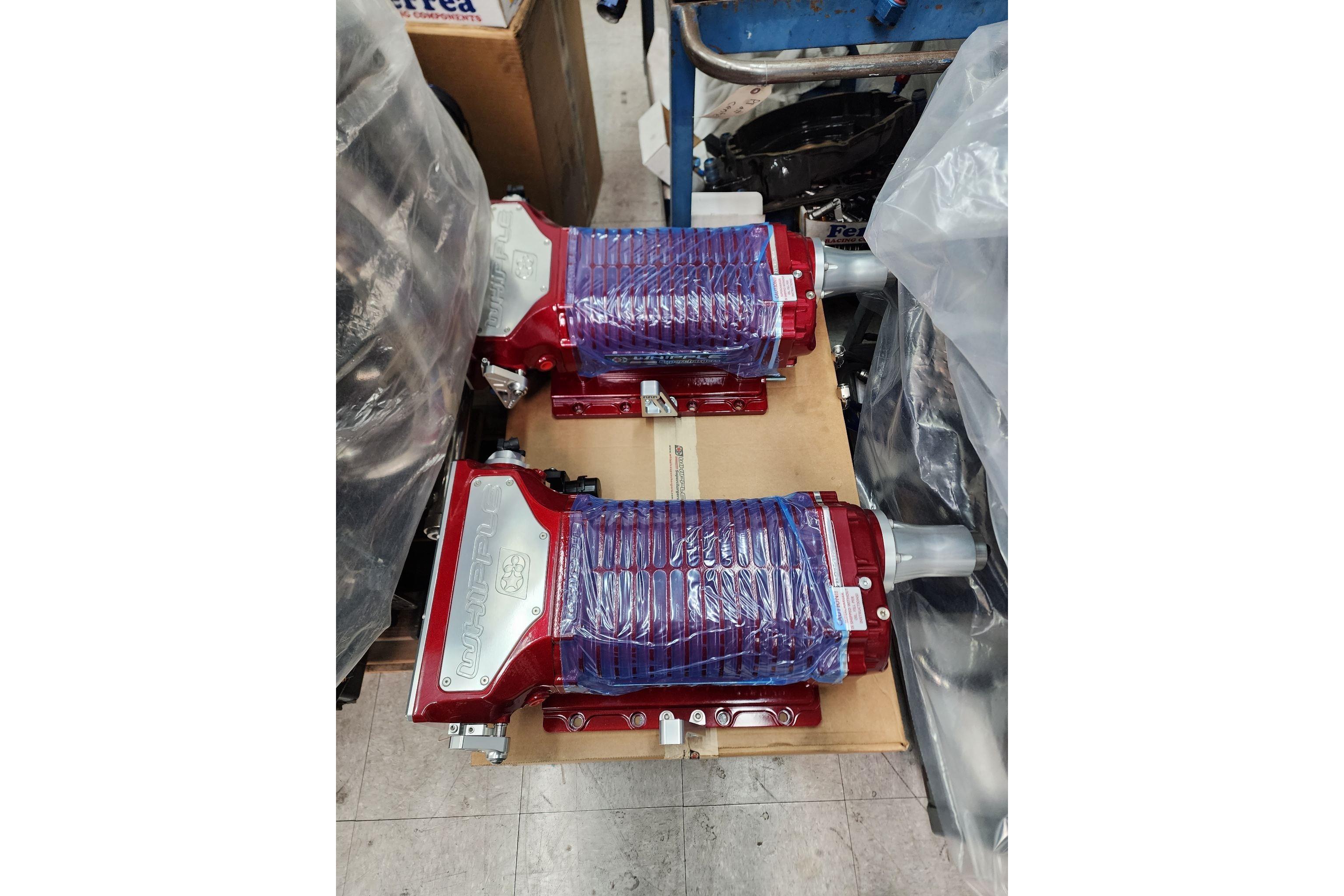 Red Whipple superchargers for 2013 Nordic 39 Poker Run boat, wrapped and ready for installation.
