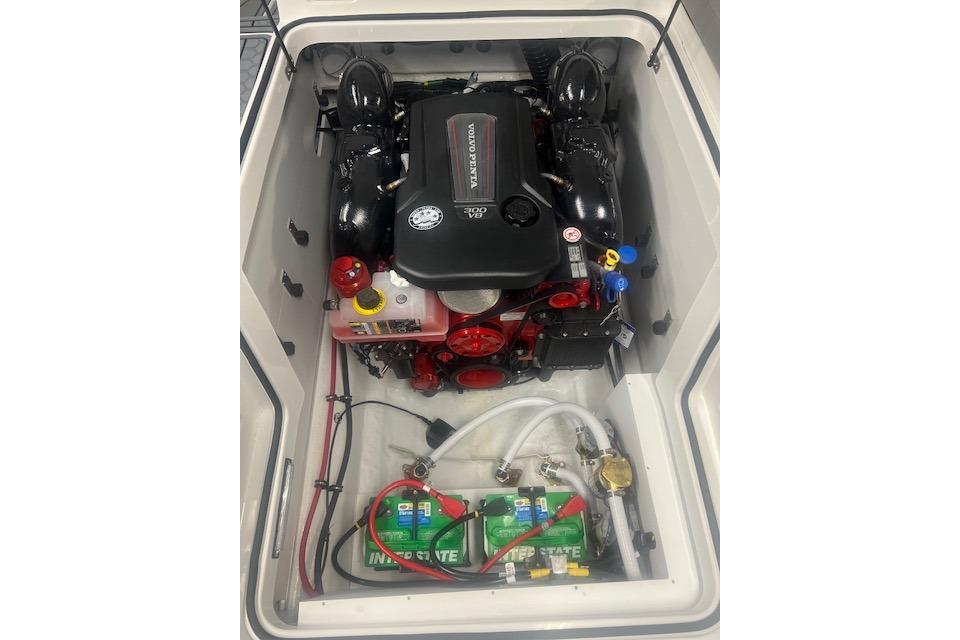 2025 Cobalt CS23 Surf engine compartment with Volvo Penta engine and Interstate batteries.