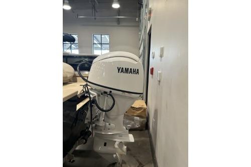 Yamaha outboard motor on a G3 Bay 17 boat, 2026 model, in a showroom setting.