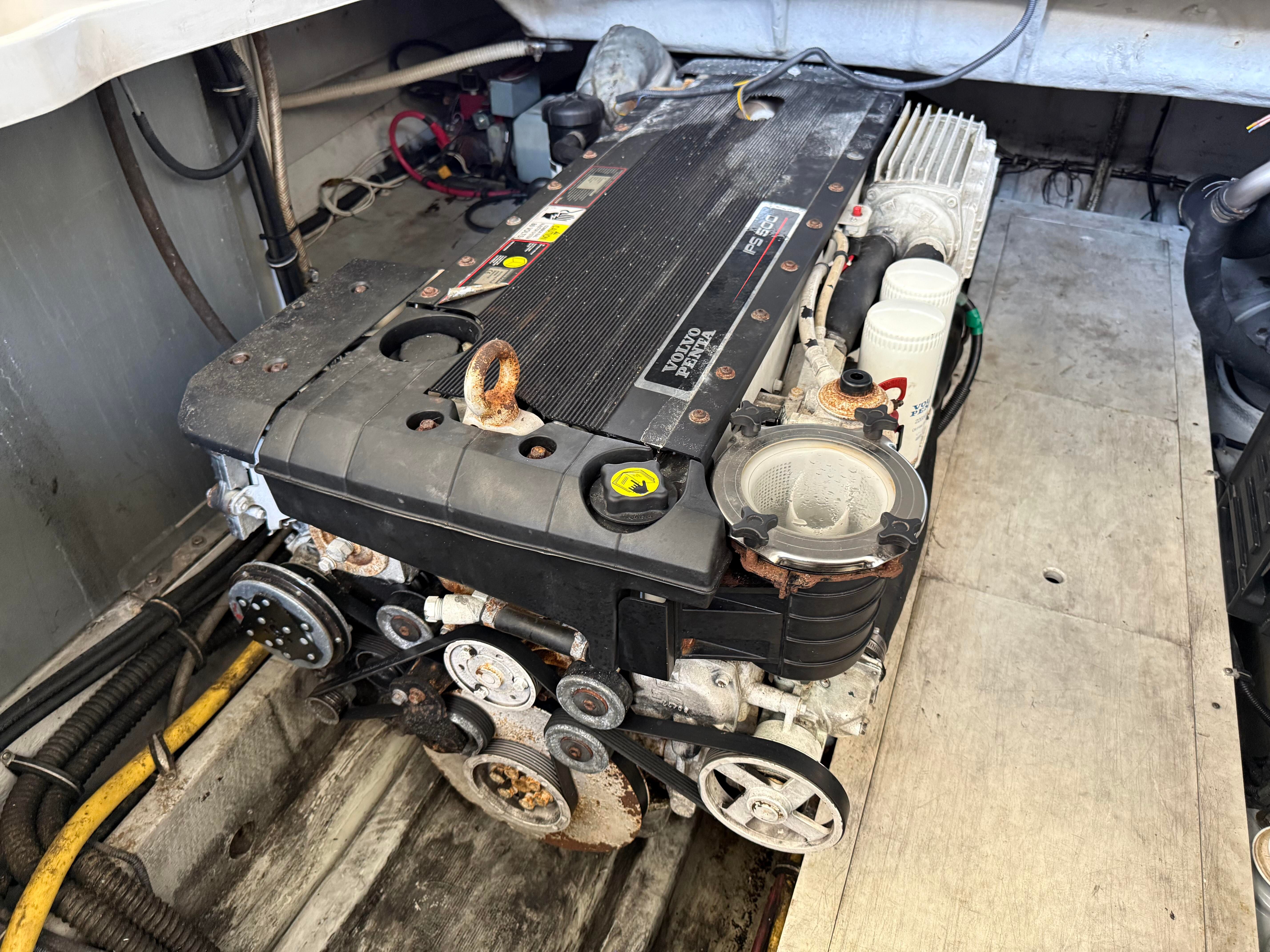 Engine compartment of a 2007 Chris-Craft Roamer 40 with visible engine.