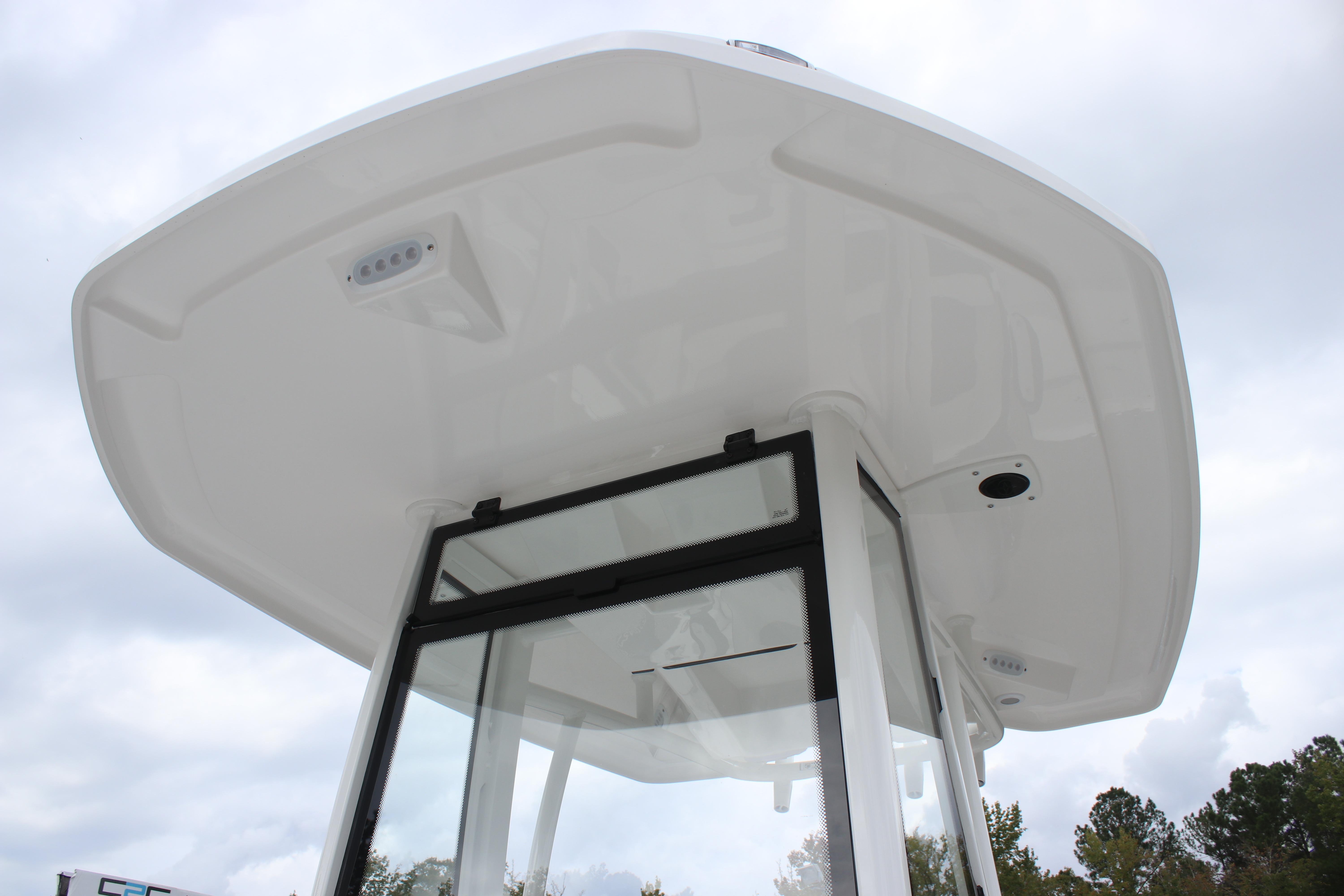 2026 Tidewater 198 CC Adventure boat's T-top and console, viewed from below.