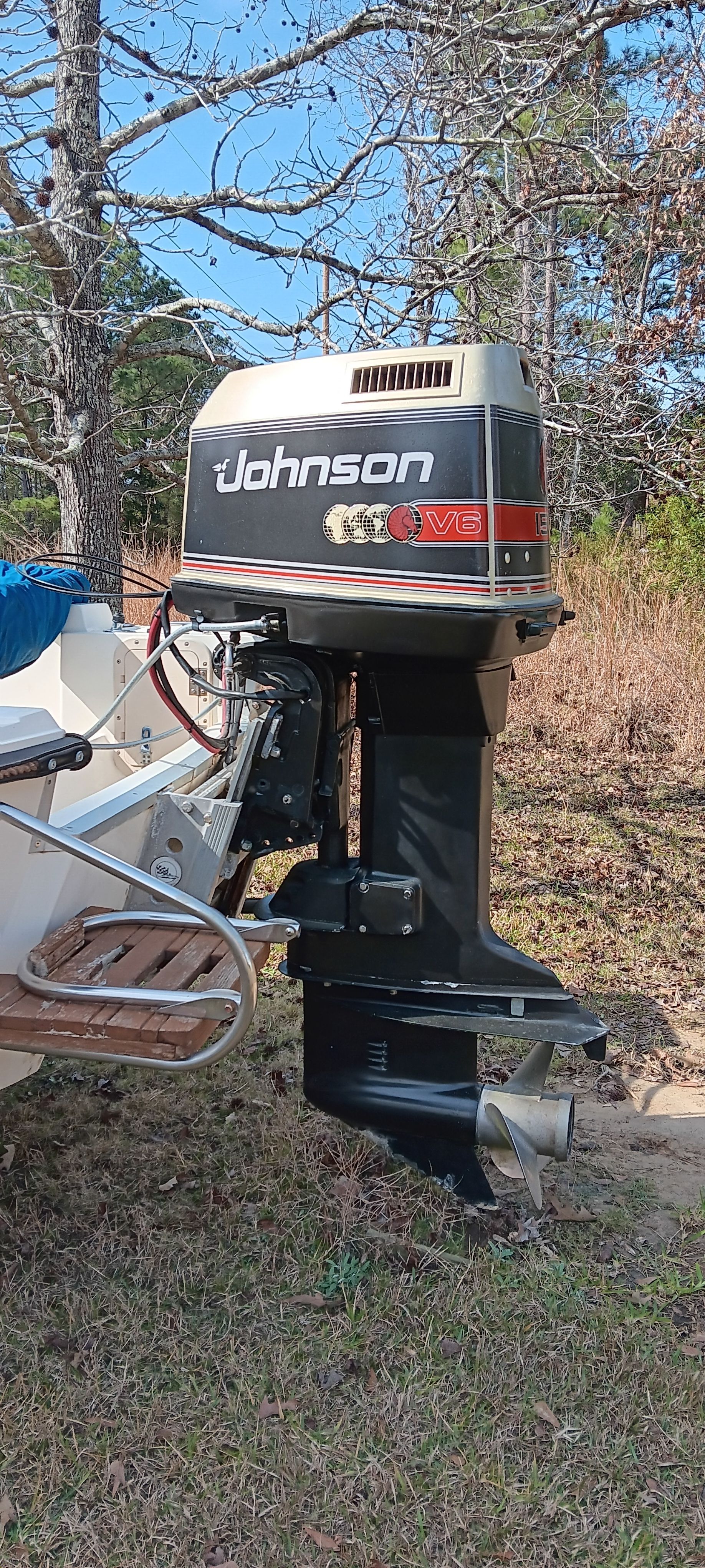 A Johnson V6 outboard motor is attached to a boat resting on grass.