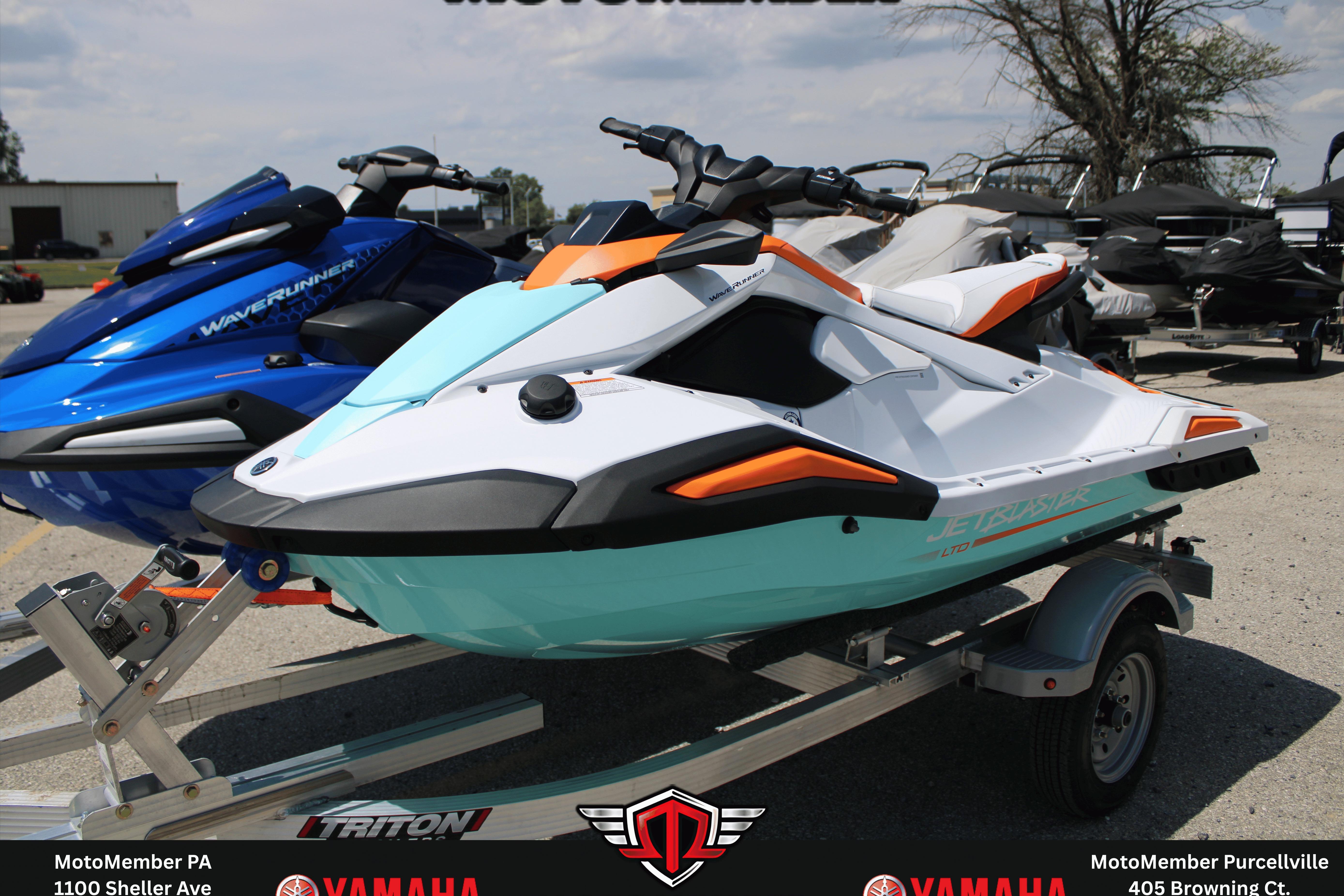 2026 Yamaha WaveRunner JetBlaster LTD on trailer, showcasing sleek design and vibrant colors.