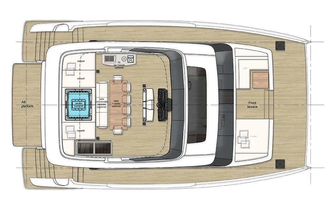Floor plan of 2026 Sunreef 60 Power yacht, featuring spacious deck and seating areas.