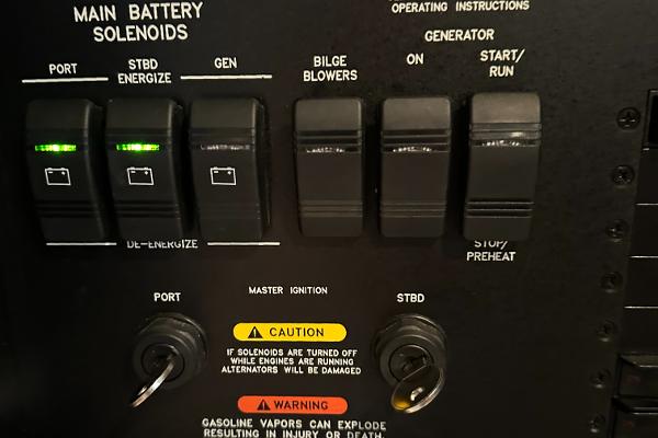 Control panel of 2004 Sea Ray 380 Sundancer with main battery switches.