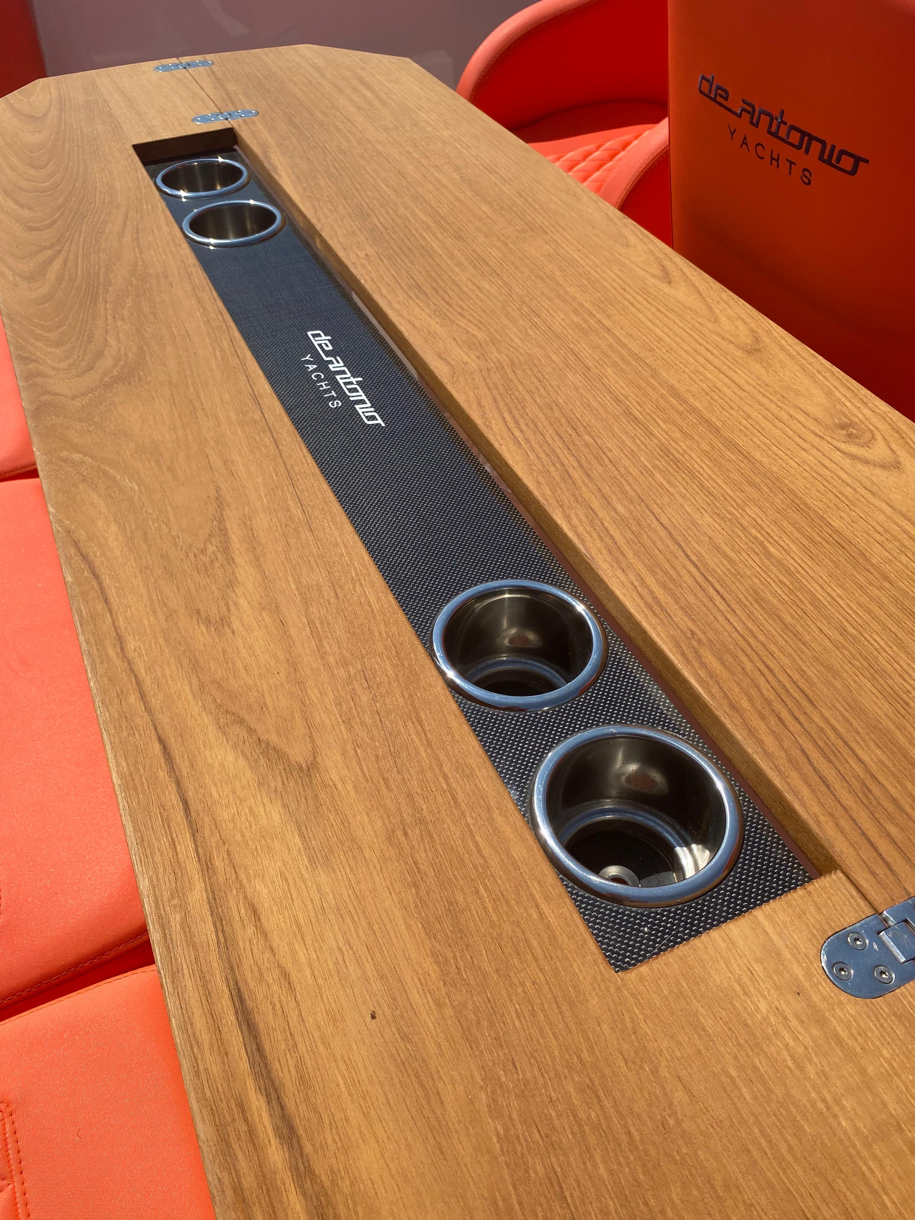 De Antonio Yachts D 28 2020 model with wooden table and cup holders.