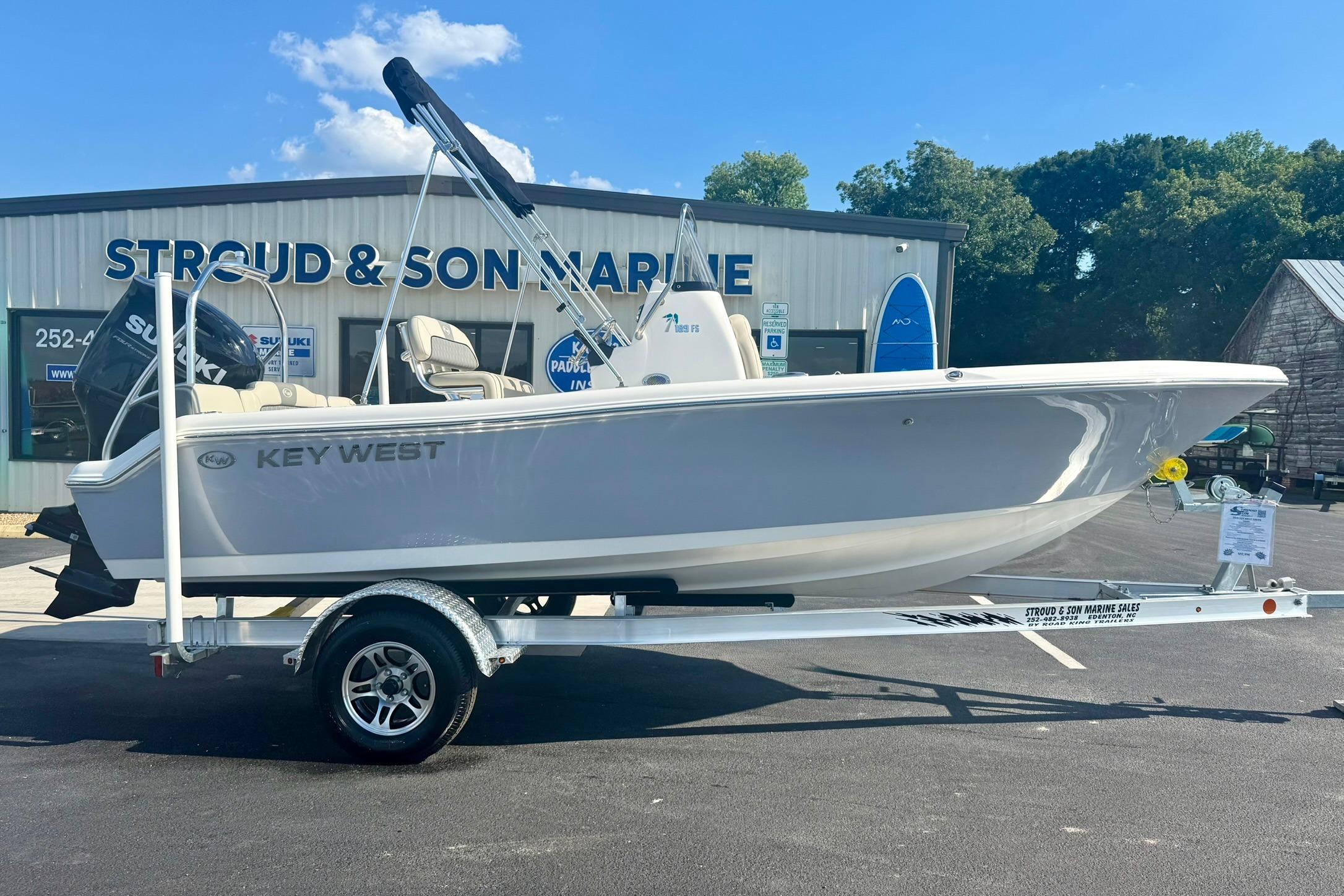 2026 Key West 189 FS boat on trailer at Stroud & Son Marine dealership.