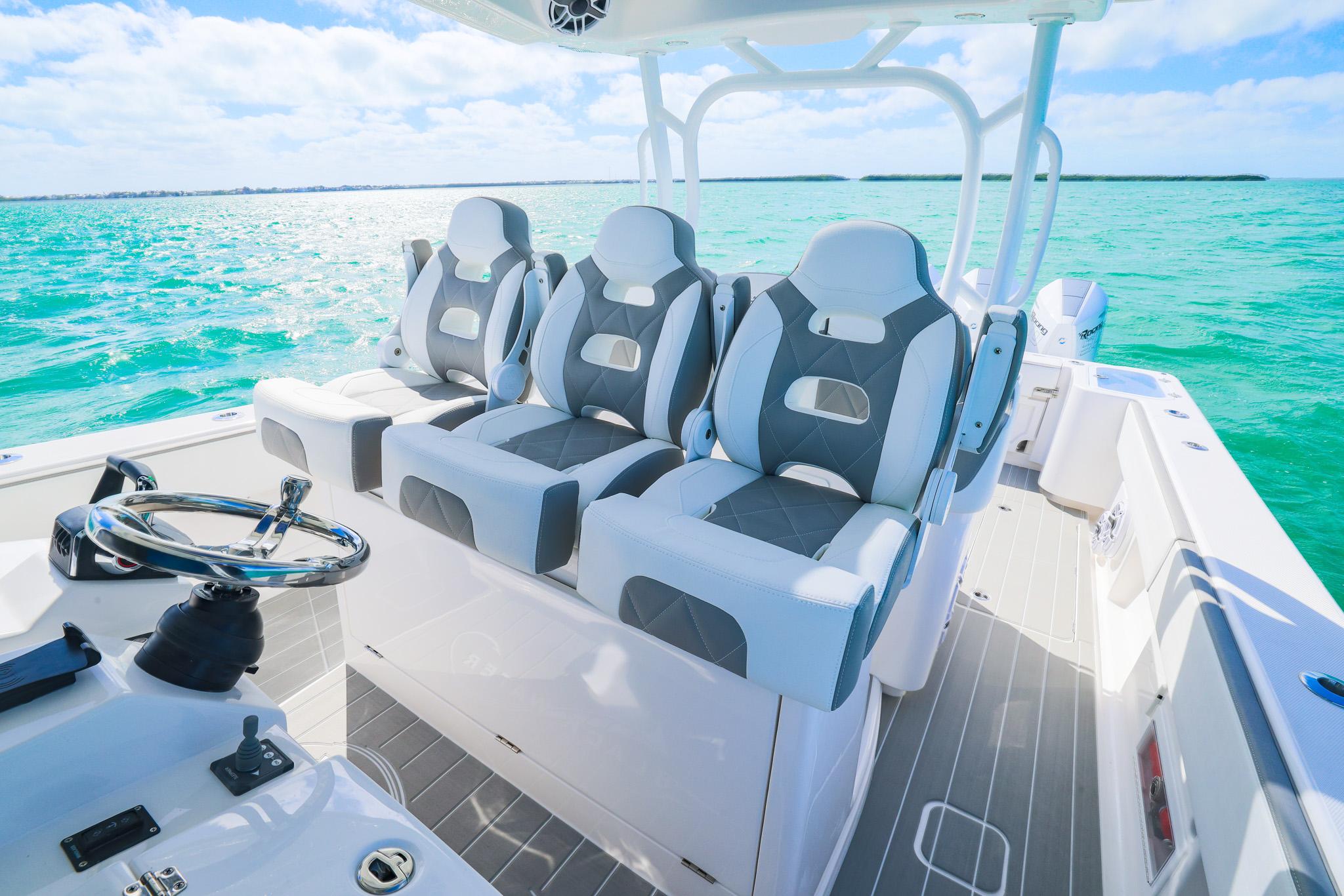 2025 Blackwater 43 Sportfish boat interior with luxury seating and ocean view.