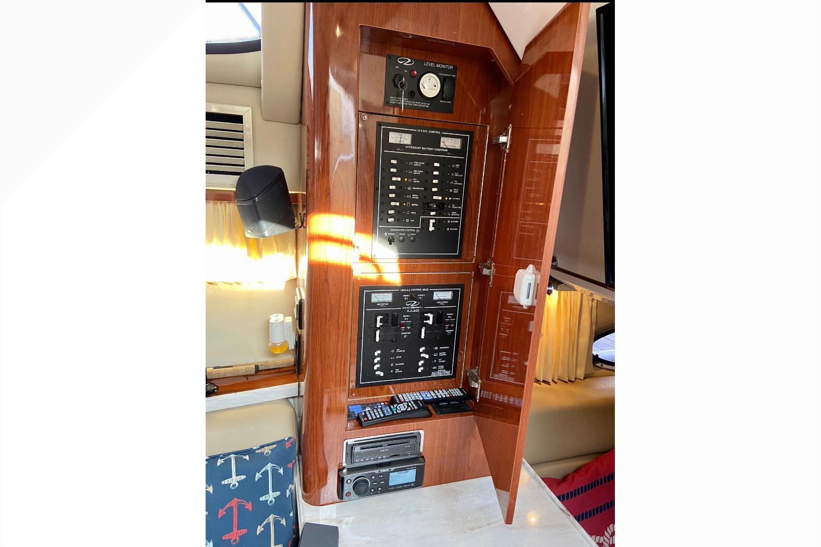 Electrical panel inside a 2012 Regal 35 Express Cruiser yacht cabin.